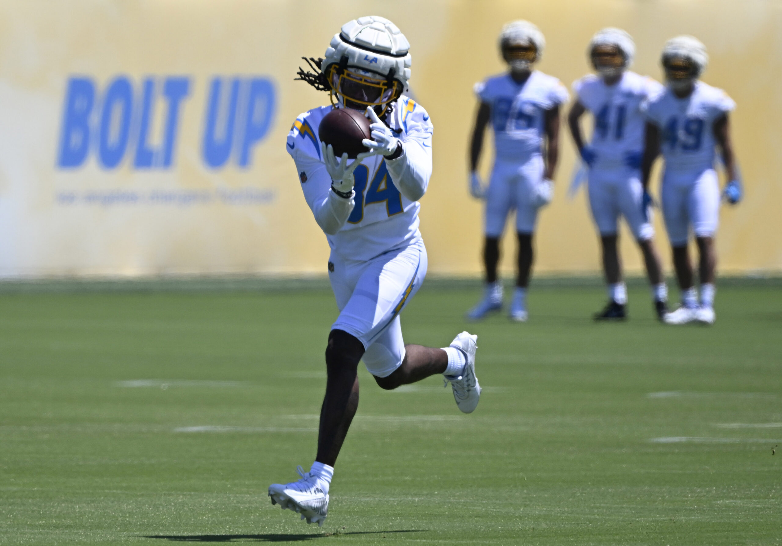 Chargers wide receiver KeAndre Lambert-Smith goes through drills during a...