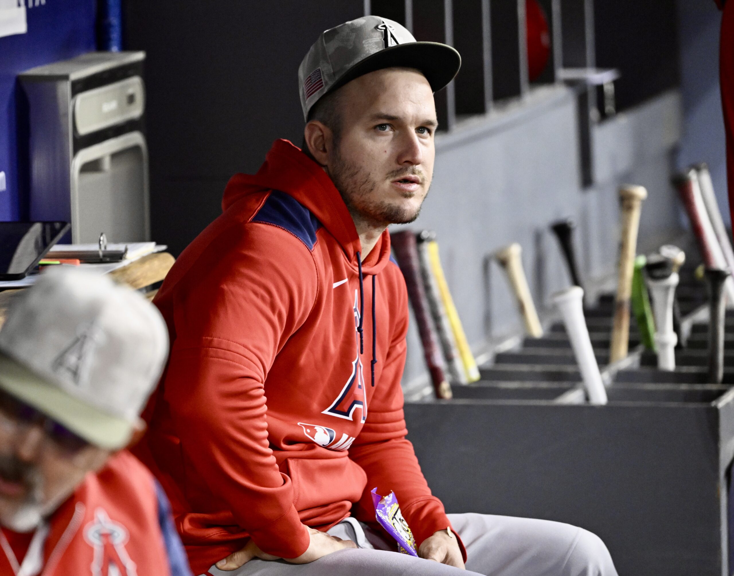 Mike Trout #27 of the Los Angeles Angels looks on...