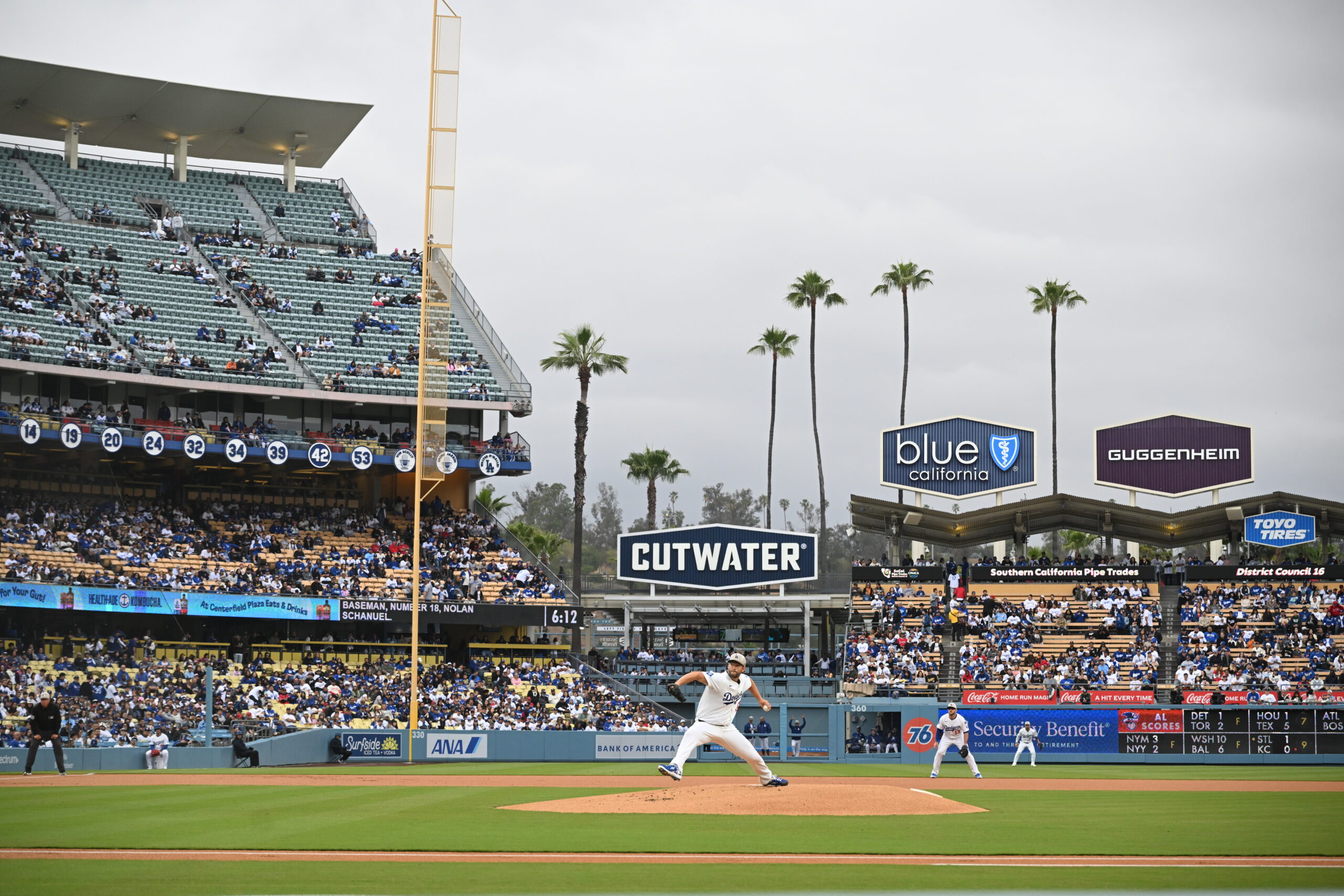 Starting pitcher Clayton Kershaw #22 of the Dodgers throws to...