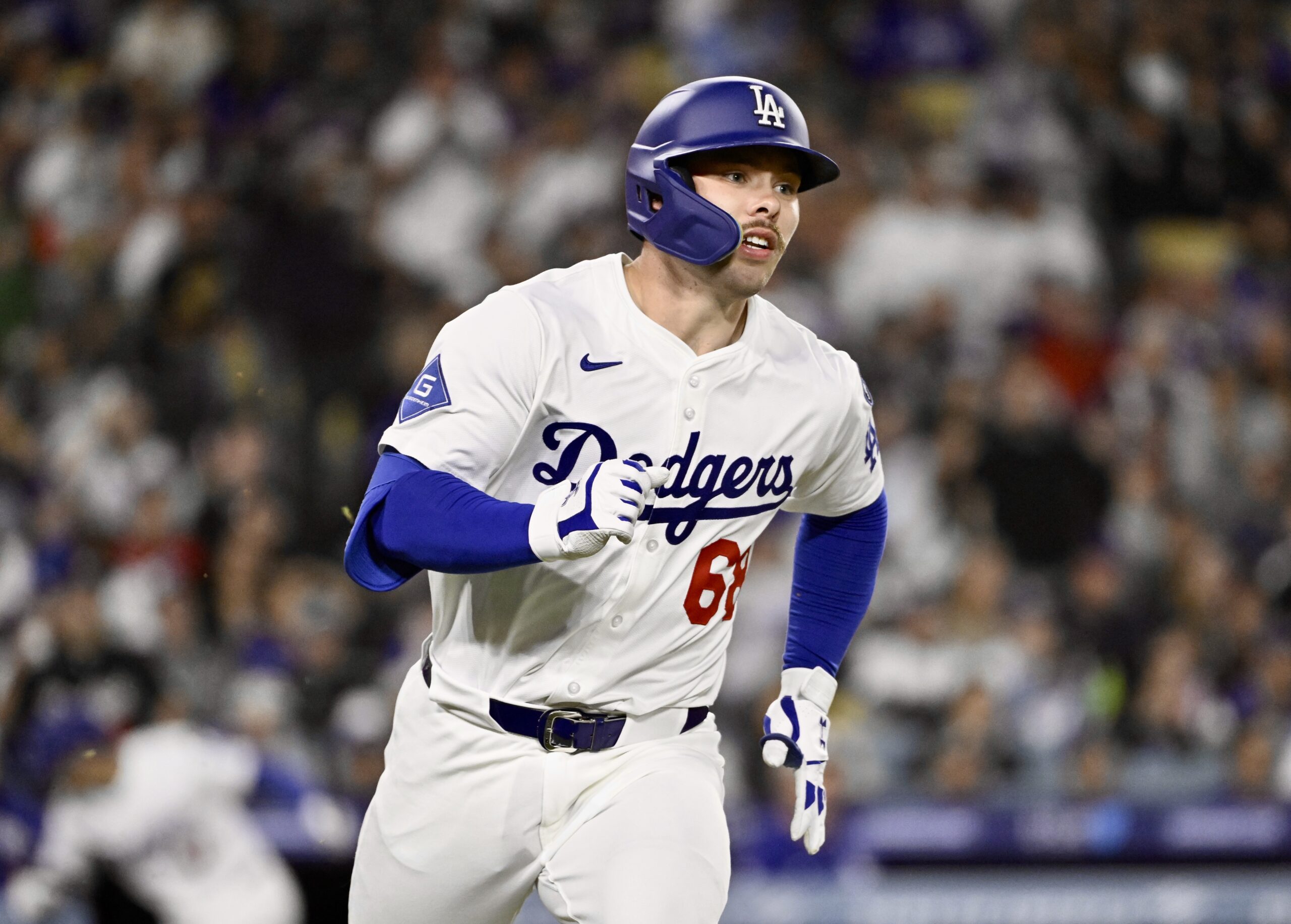 Daulton Rushing #68 of the Dodgers hits a RBI double...
