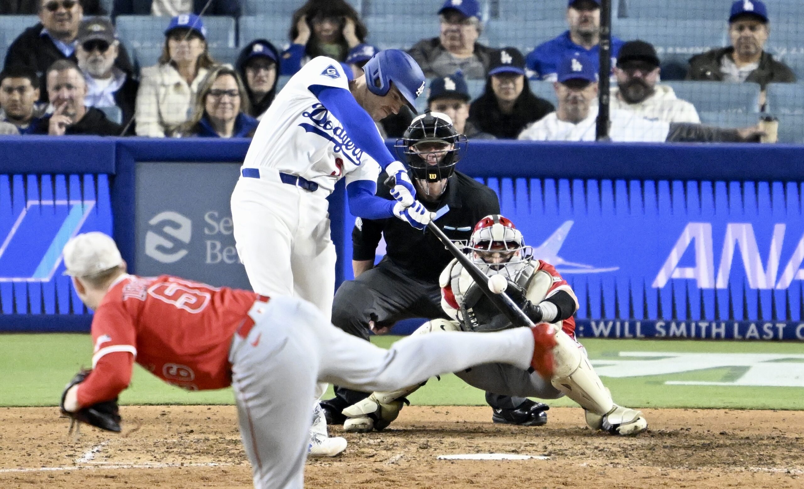 Freddie Freeman #5 of the Dodgers singles against the Angels...