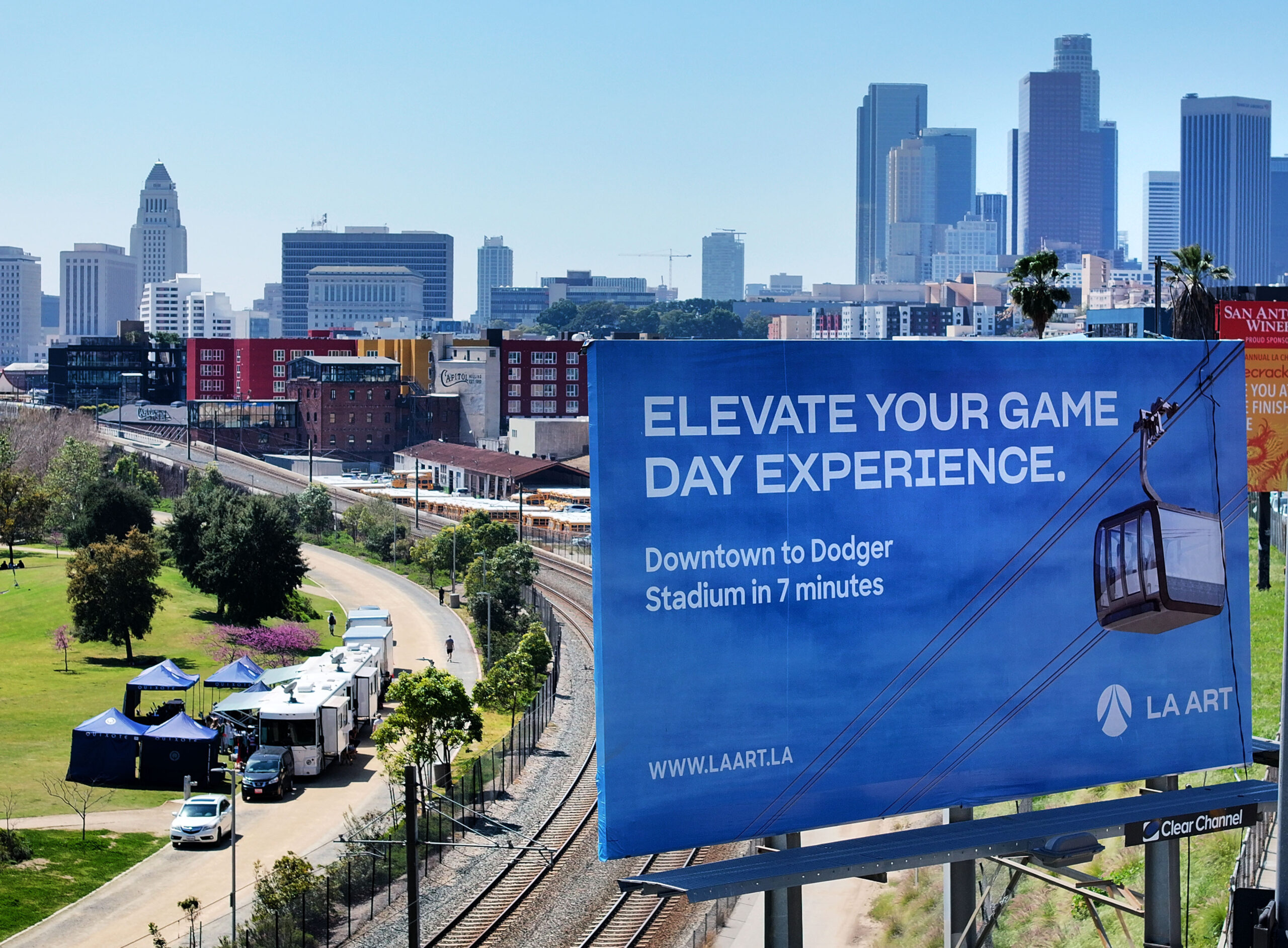 A billboard on Broadway near Chinatown promotes the proposed Dodger...