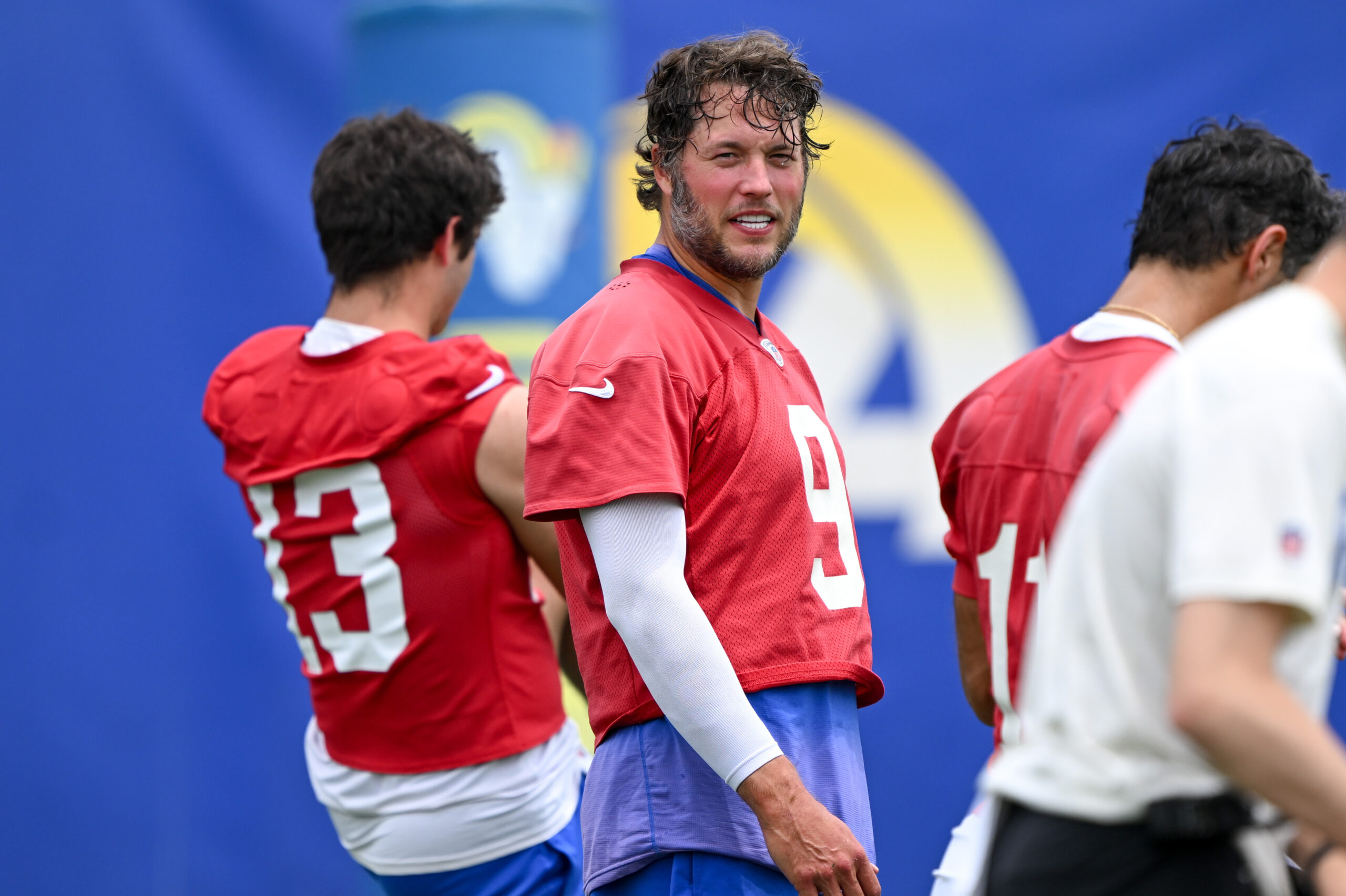 Rams quarterback Matthew Stafford looks on during an OTA workout...
