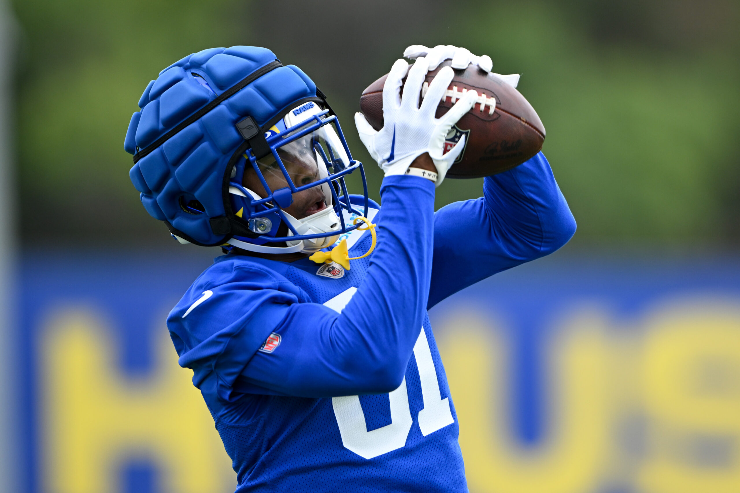 Rams wide receiver Brennan Presley catches a ball during an...