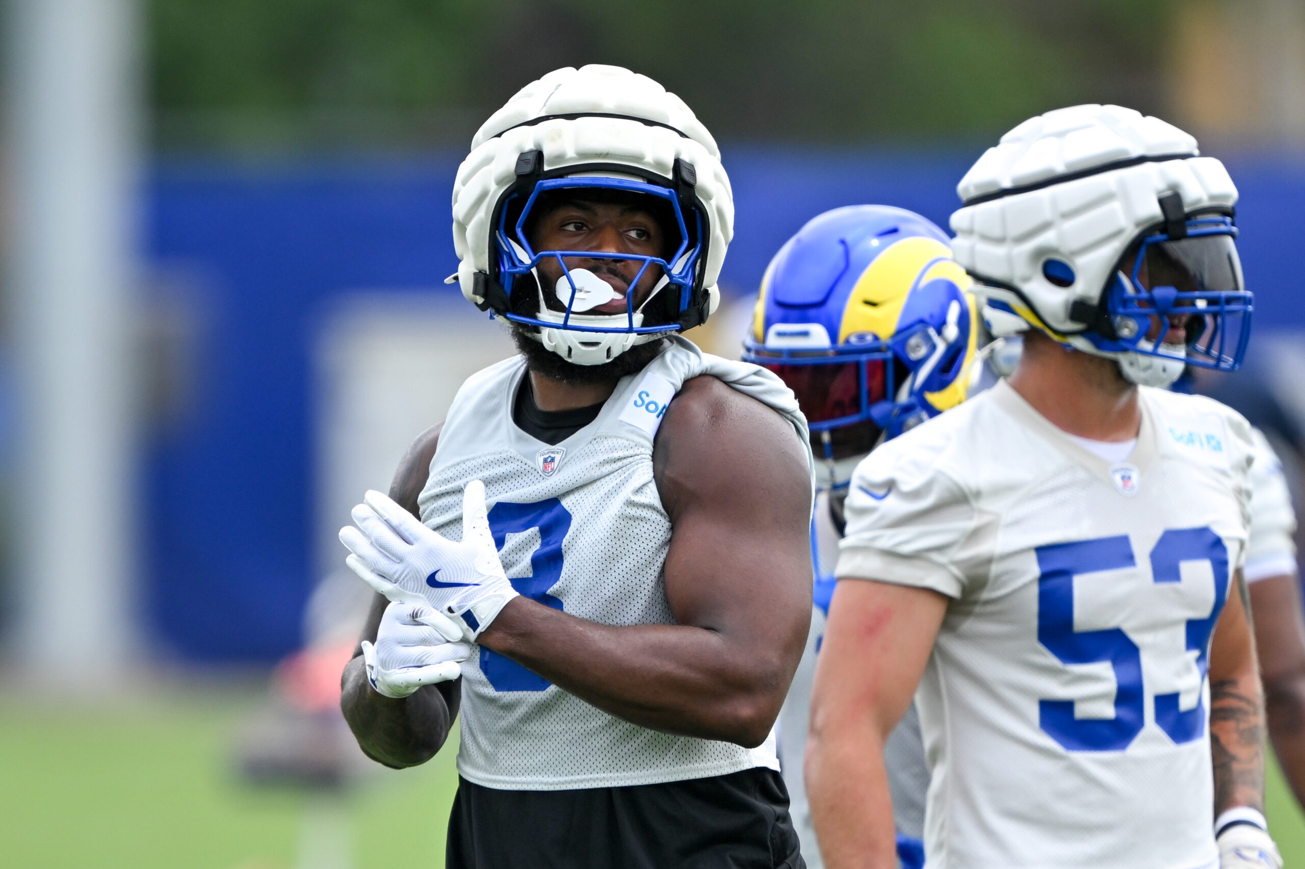 Rams linebacker Jared Verse looks on during an OTA workout...