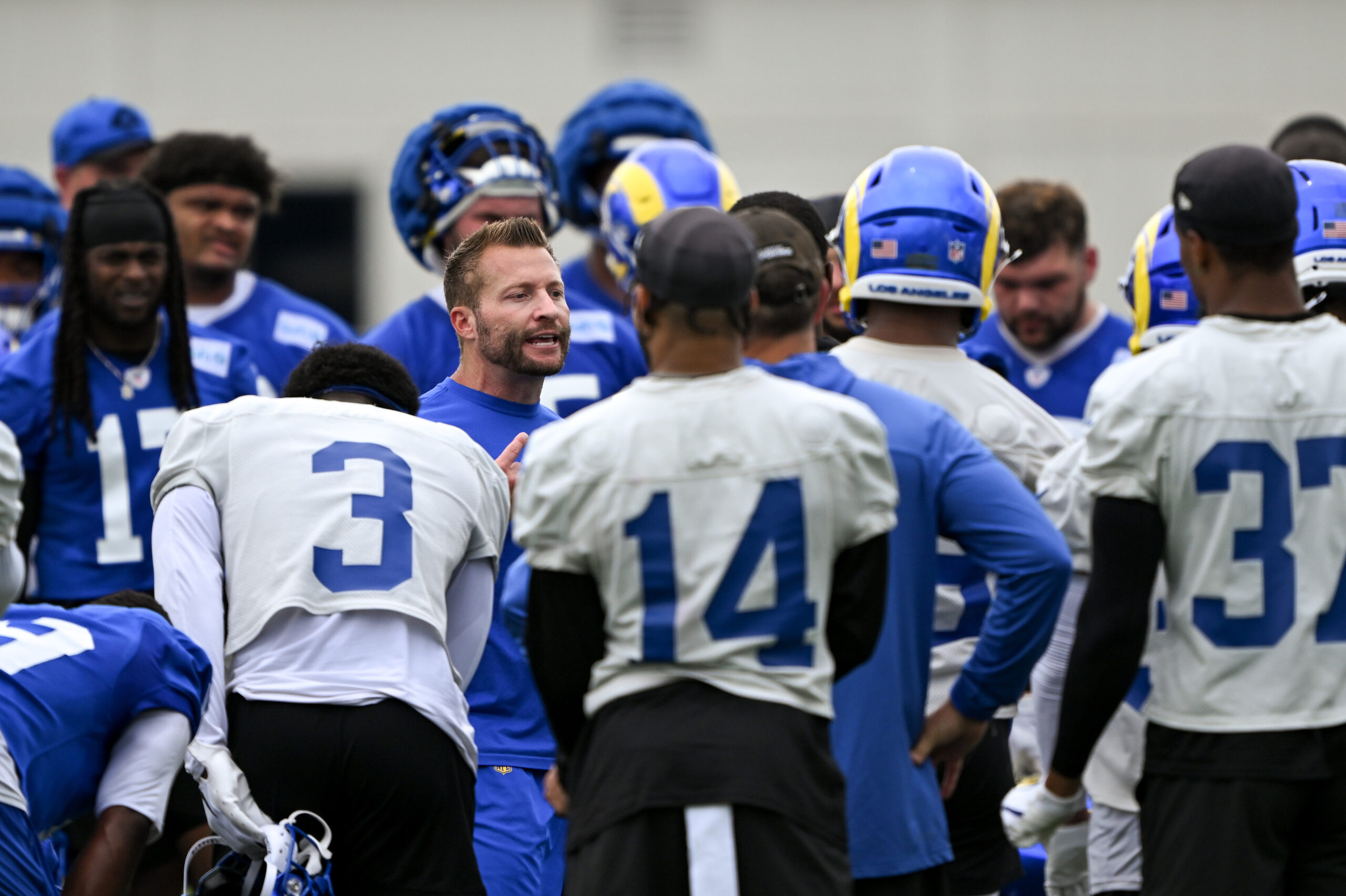 Rams head coach Sean McVay talks to the team during...