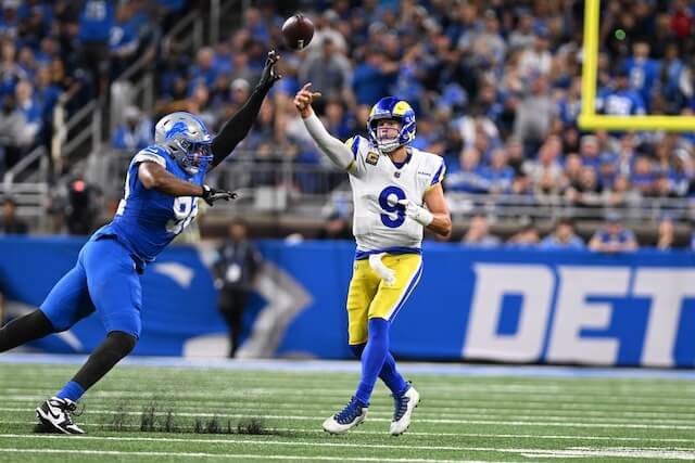 Sep 8, 2024; Detroit, Michigan, USA; Los Angeles Rams quarterback Matthew Stafford (9) throws a pass against the Detroit Lions in the second quarter at Ford Field. Mandatory Credit: Lon Horwedel-Imagn Images Matthew Stafford, Rams, Lions