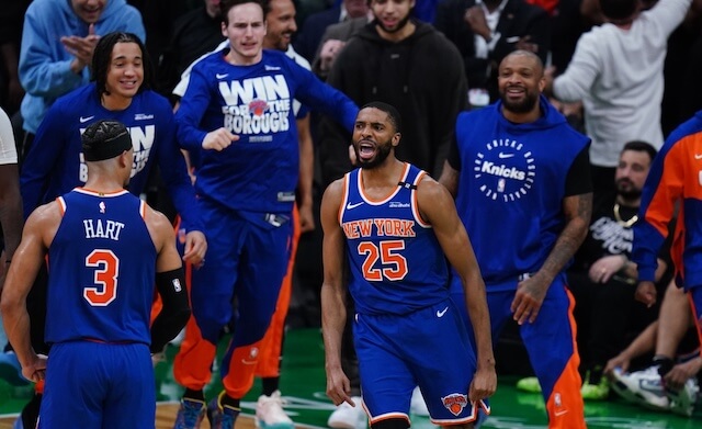 May 5, 2025; Boston, Massachusetts, USA; New York Knicks forward Mikal Bridges (25) reacts after stripping the ball from Boston Celtics guard Jaylen Brown (7) (not pictured) winning the game in overtime during game one of the second round for the 2025 NBA Playoffs at TD Garden. Mandatory Credit: David Butler II-Imagn Images Mikal Bridges