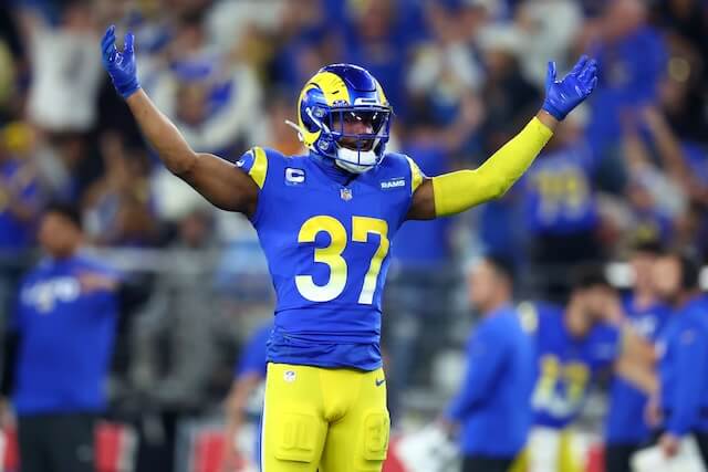Jan 13, 2025; Glendale, AZ, USA; Los Angeles Rams safety Quentin Lake (37) reacts during the second half against the Minnesota Vikings in an NFC wild card game at State Farm Stadium. Mandatory Credit: Mark J. Rebilas-Imagn Images Quentin Lake, Rams