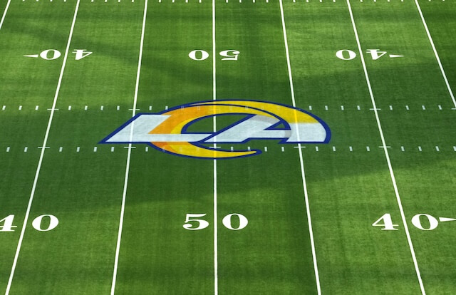 Oct 24, 2024; Inglewood, California, USA; The Los Angeles Rams logo at midfield at SoFi Stadium. Mandatory Credit: Kirby Lee-Imagn Images Rams