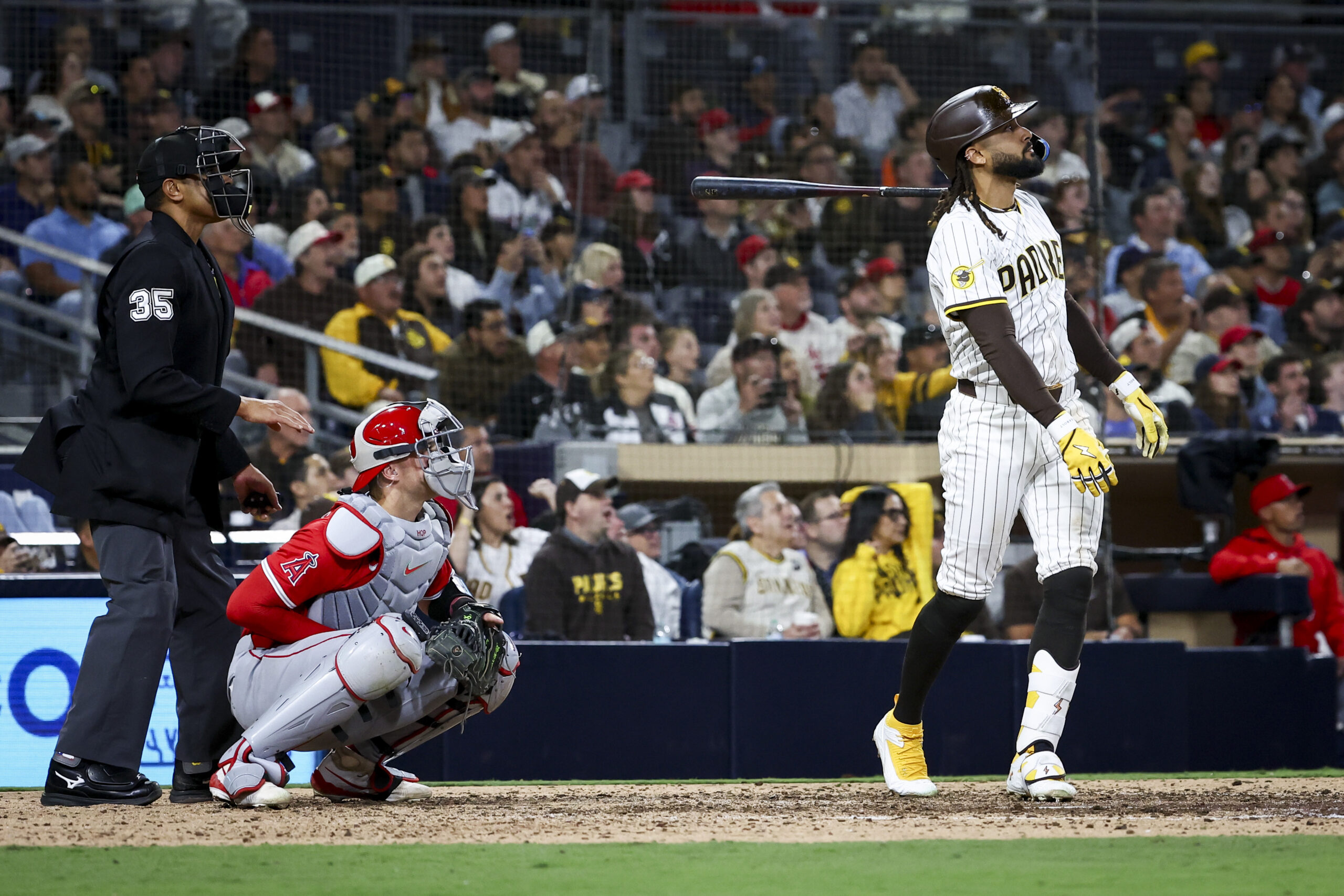 San Diego Padres right fielder Fernando Tatis Jr. tosses his...