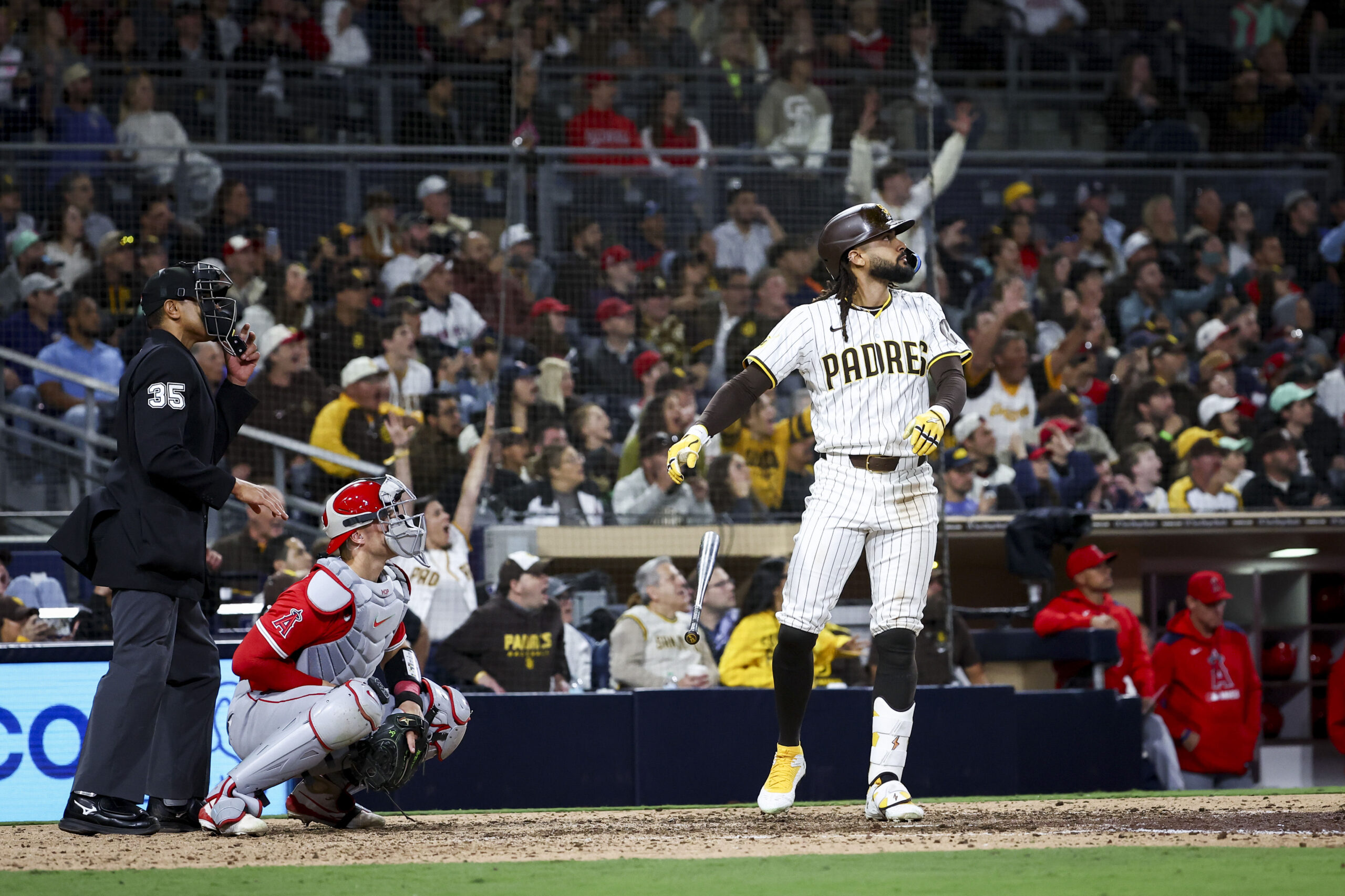 San Diego Padres right fielder Fernando Tatis Jr. tosses his...
