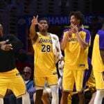 Los Angeles Lakers trade prospects forward Jarred Vanderbilt (2), forward LeBron James (23), forward Rui Hachimura (28), center Jaxson Hayes (11), and Los Angeles Lakers guard Luka Doncic