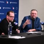 Apr 13, 2025; Philadelphia, Pennsylvania, USA; Philadelphia 76ers president of basketball operations Daryl Morey addresses the media with head coach Nick Nurse after the game against the Chicago Bulls at Wells Fargo Center. Mandatory Credit: Kyle Ross-Imagn Images