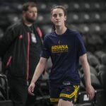 May 10, 2025; Atlanta, GA, USA; Indiana Fever guard Caitlin Clark (22) on the court prior to the game against the Atlanta Dream at Gateway Center Arena @ College Park. Mandatory Credit: Dale Zanine-Imagn Images