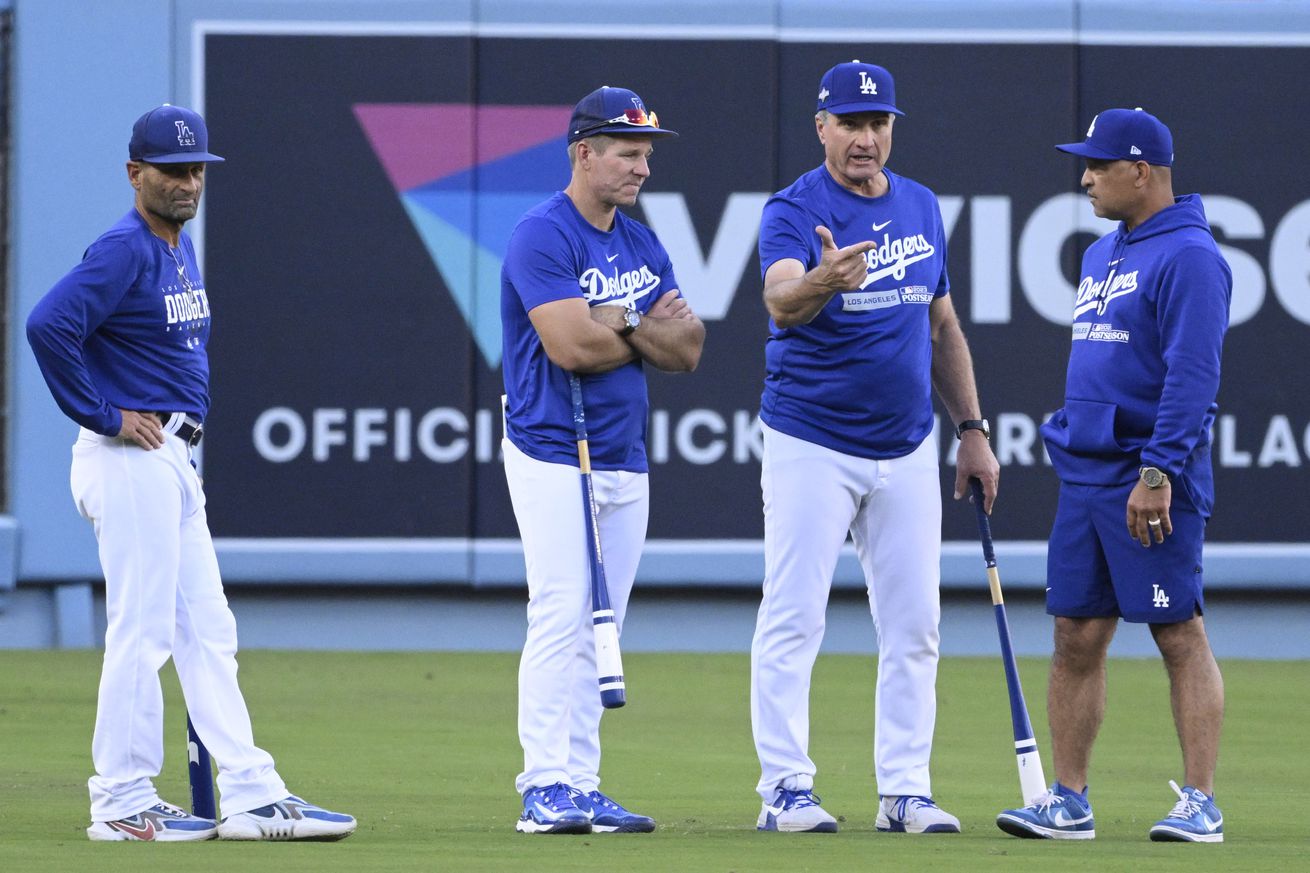 Los Angeles Dodgers workout for the upcoming National League Division Series baseball game at Dodger Stadium in Los Angeles.