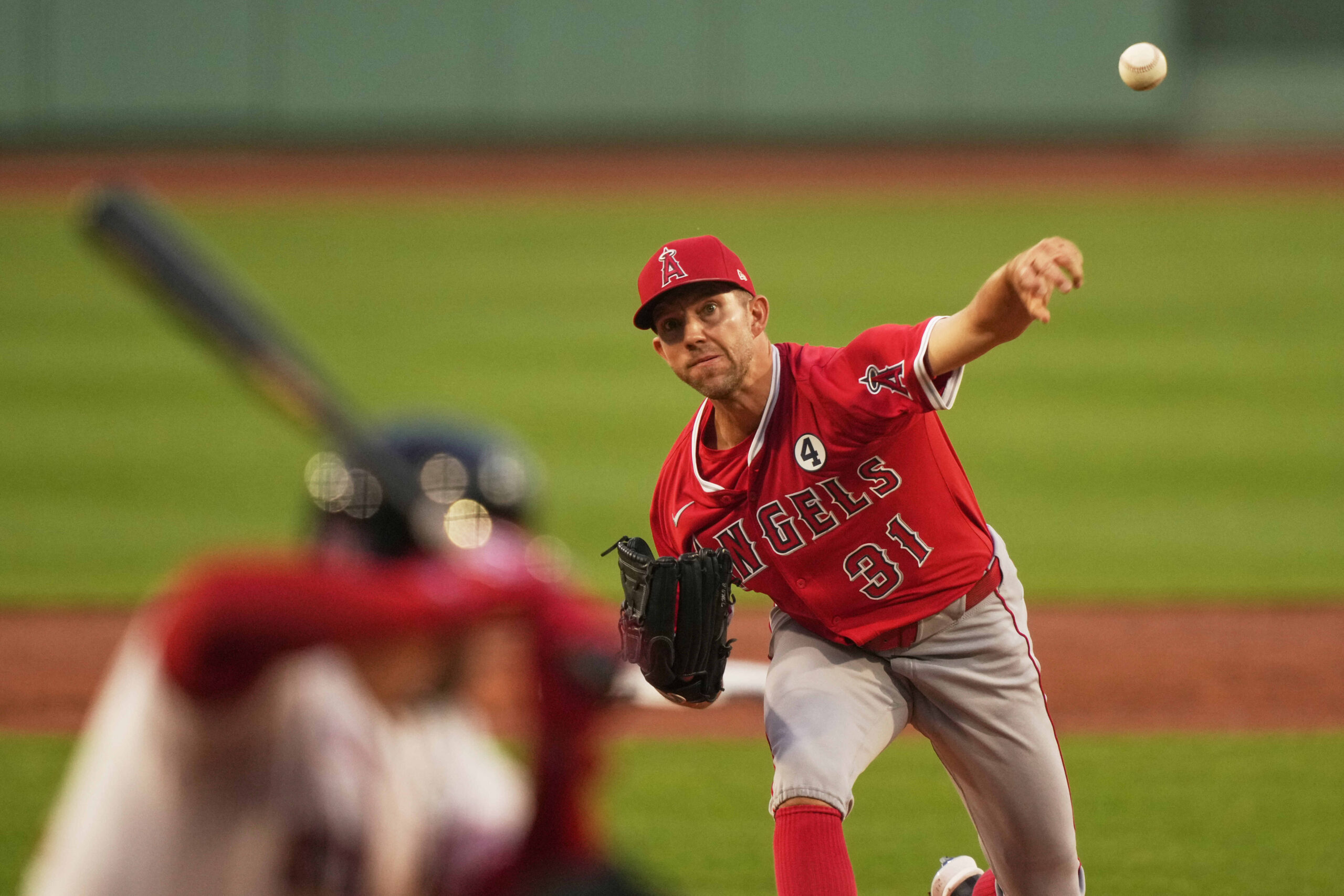 Angels starting pitcher Tyler Anderson throws to the plate during...