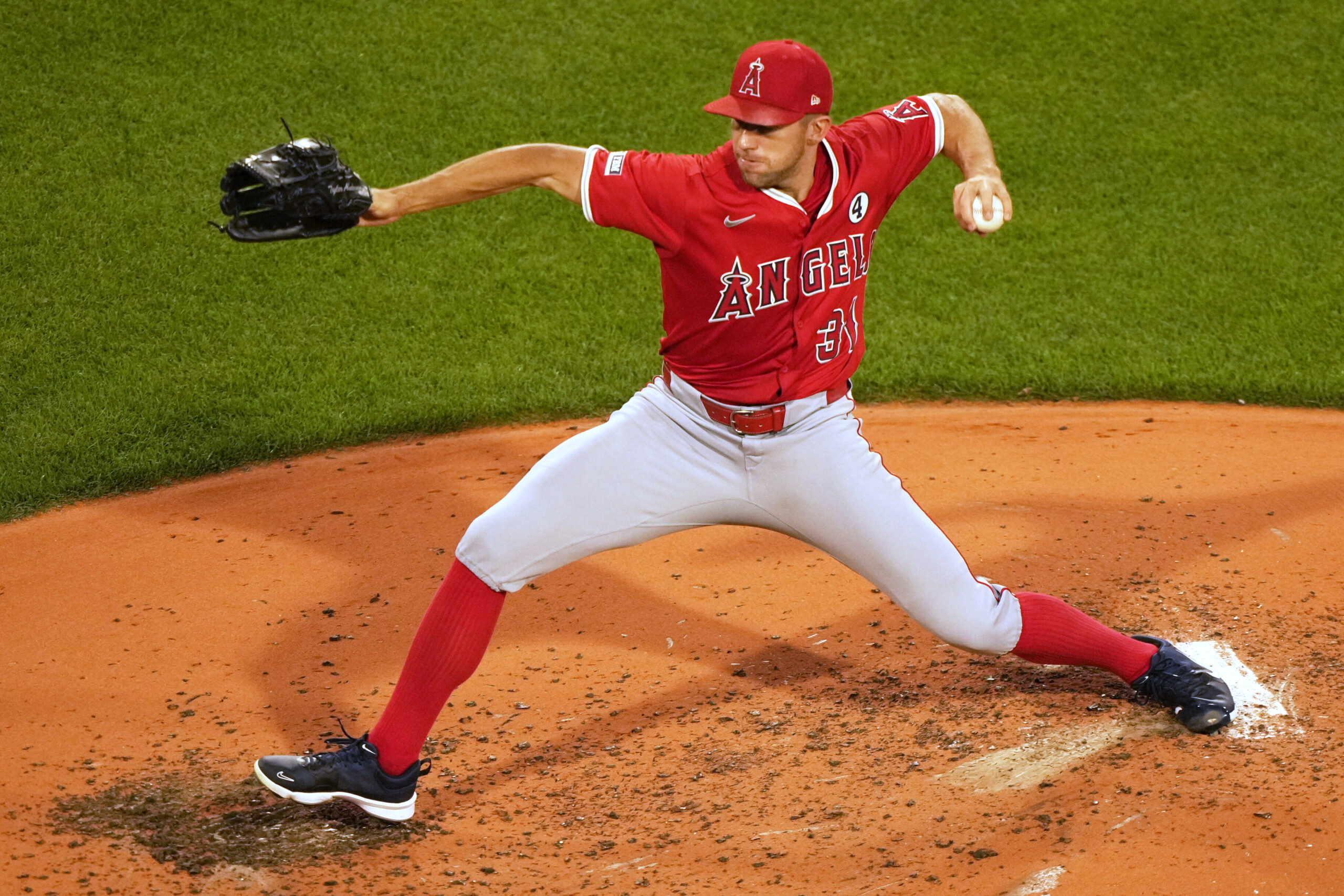Angels starting pitcher Tyler Anderson throws to the plate during...