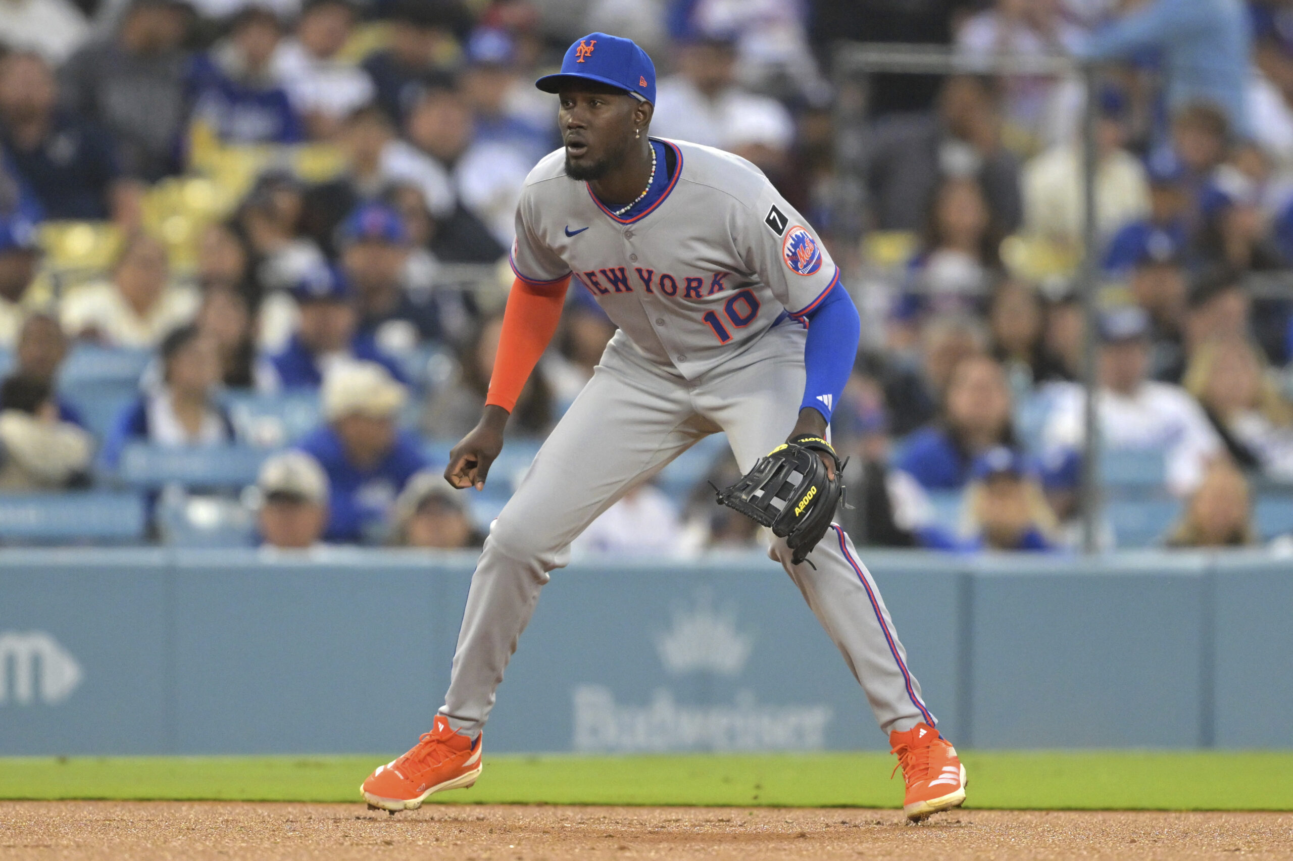 New York Mets third baseman Ronny Mauricio stays ready on...