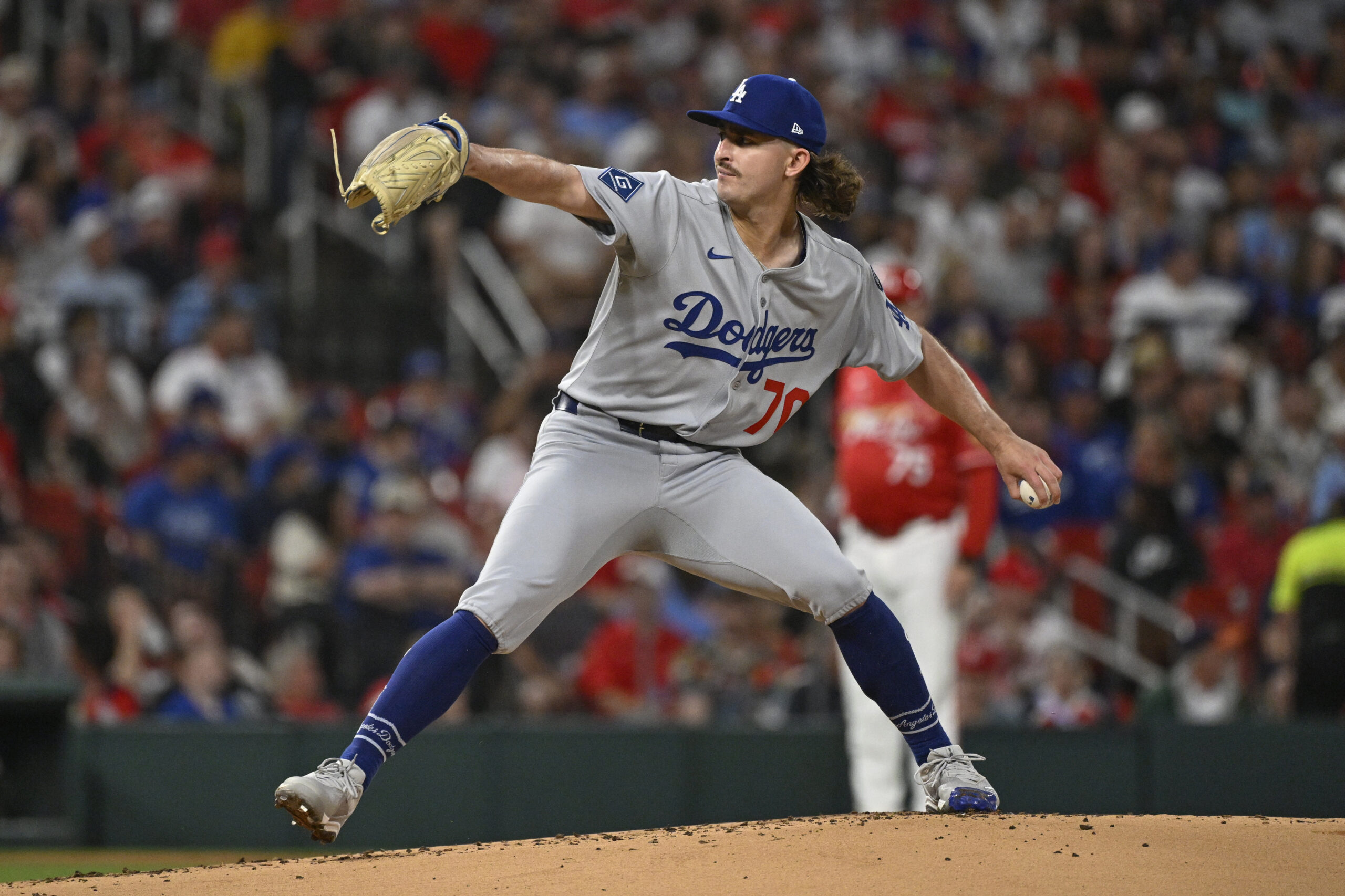 Dodgers starting pitcher Justin Wrobleski throws in the first inning...