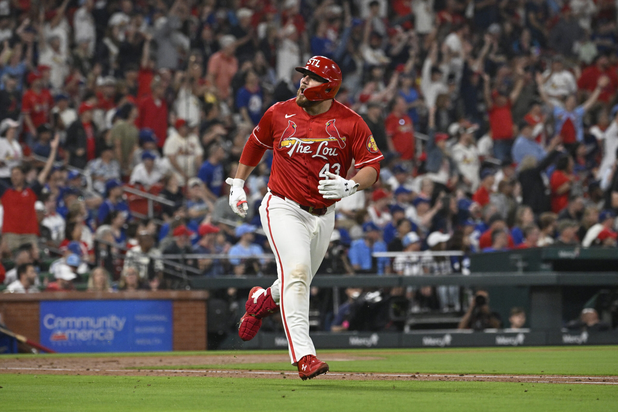 The St. Louis Cardinals’ Pedro Pages celebrates after hitting a...