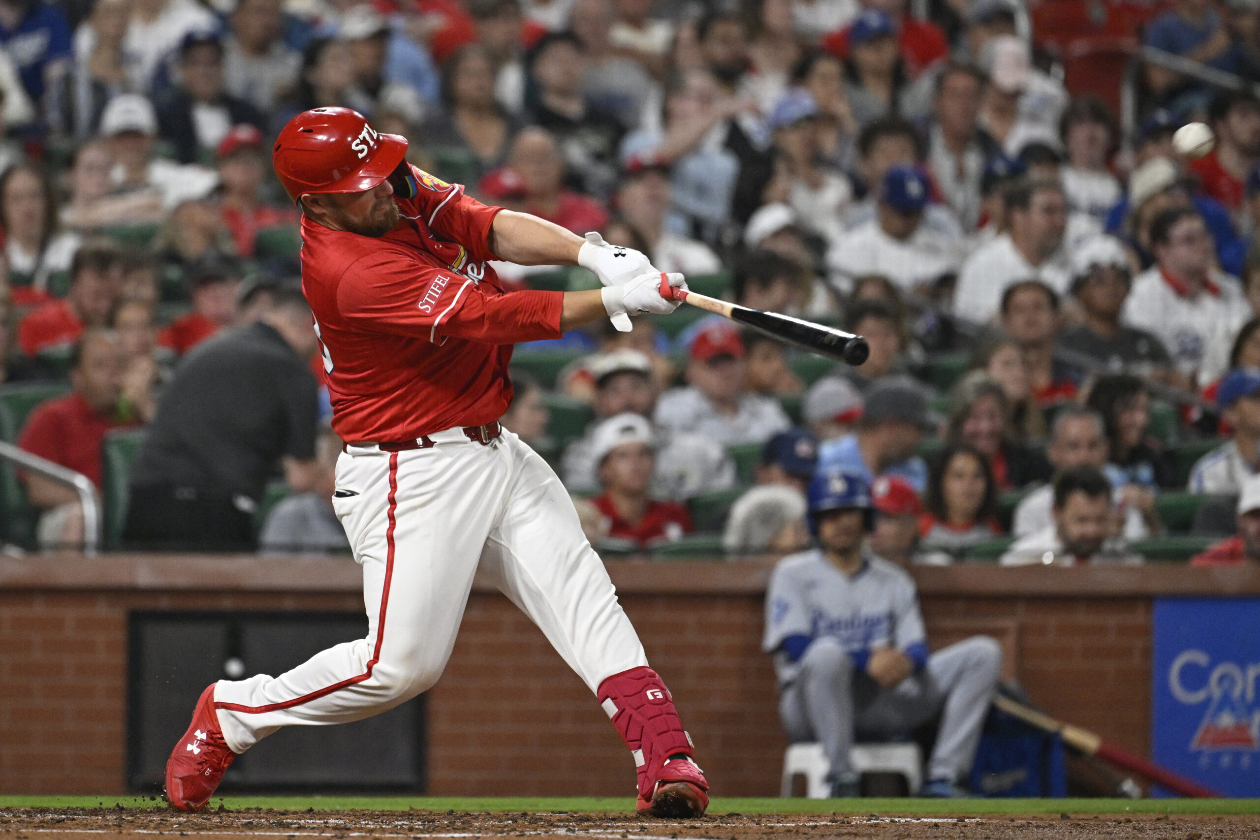 The St. Louis Cardinals’ Pedro Pages hits a two-run home...