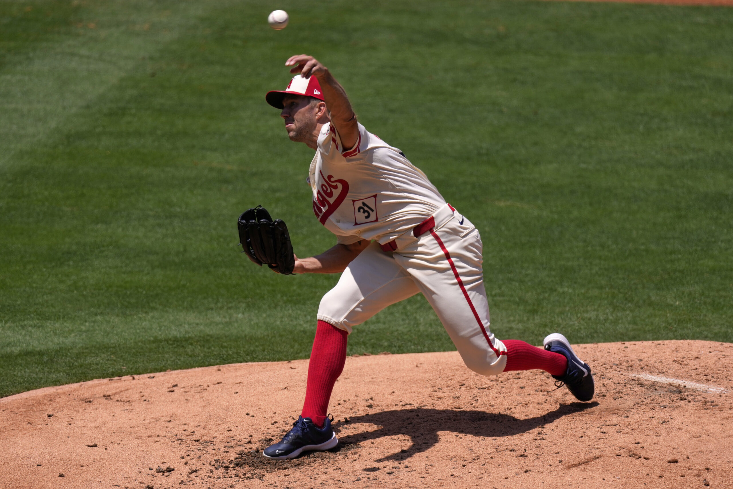 Angels starting pitcher Tyler Anderson throws to the plate during...