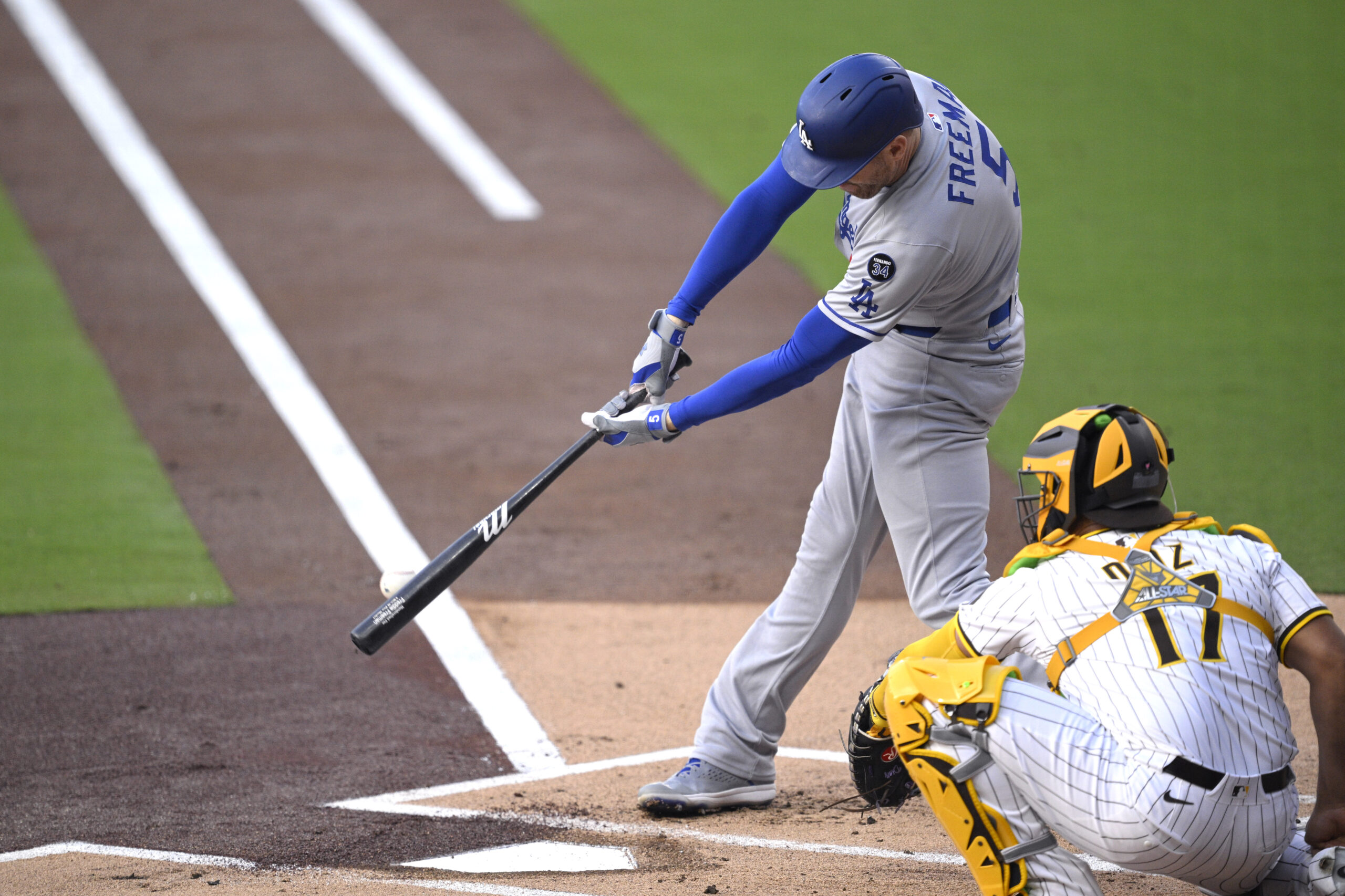 The Dodgers’ Freddie Freeman hits an RBI double against the...