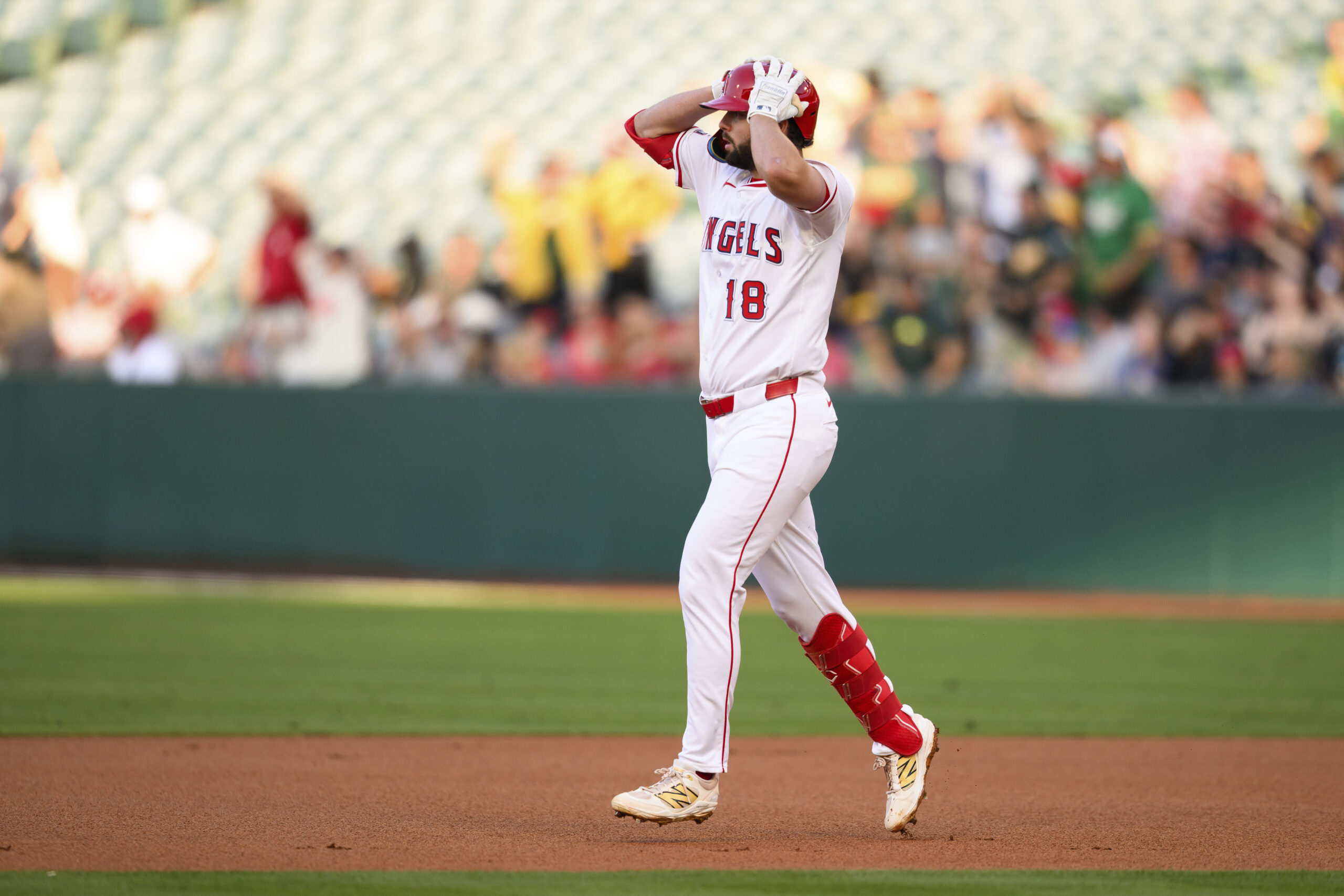 The Angels’ Nolan Schanuel reacts after a ball he hit...