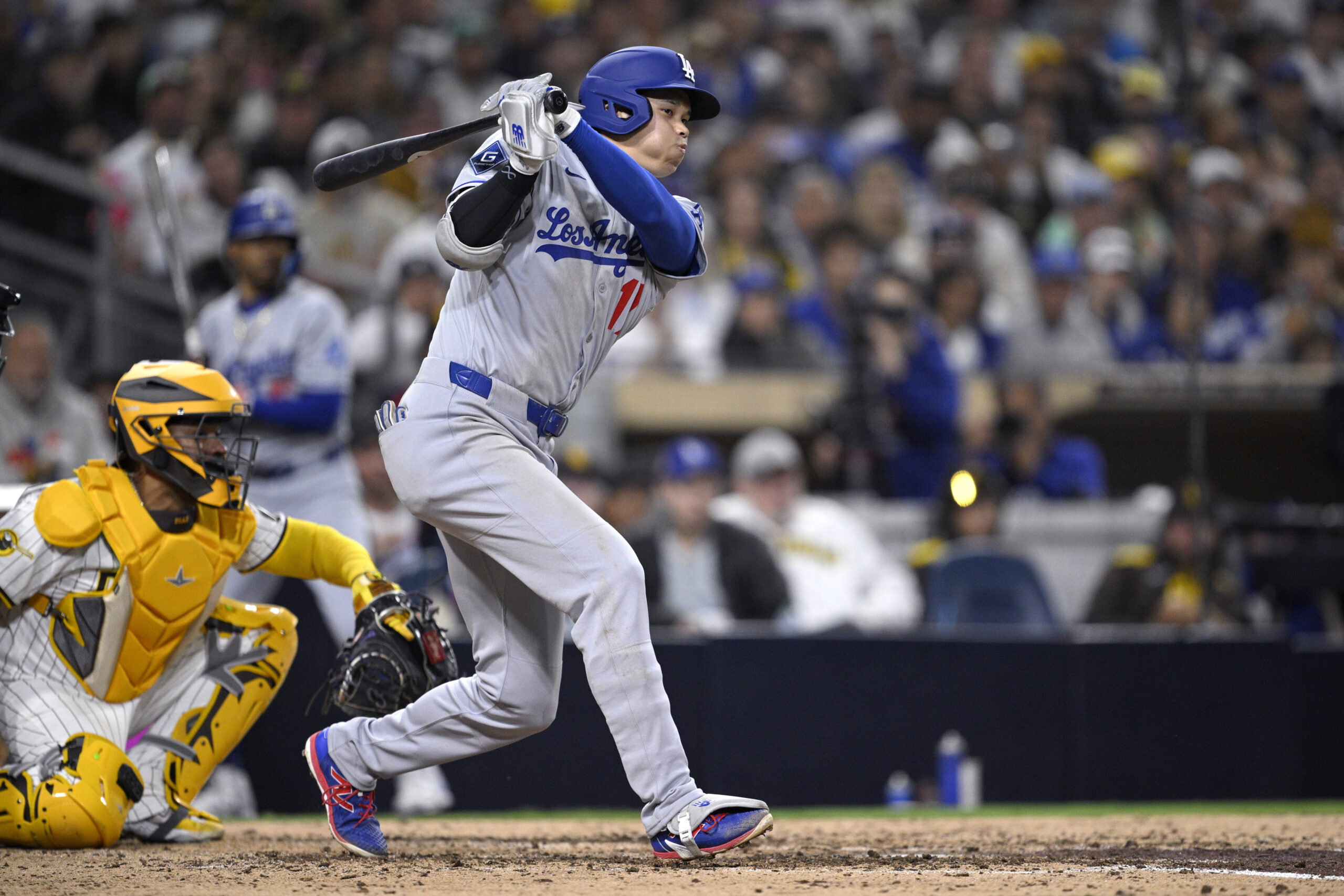 Dodgers star Shohei Ohtani grounds out during the fifth inning...