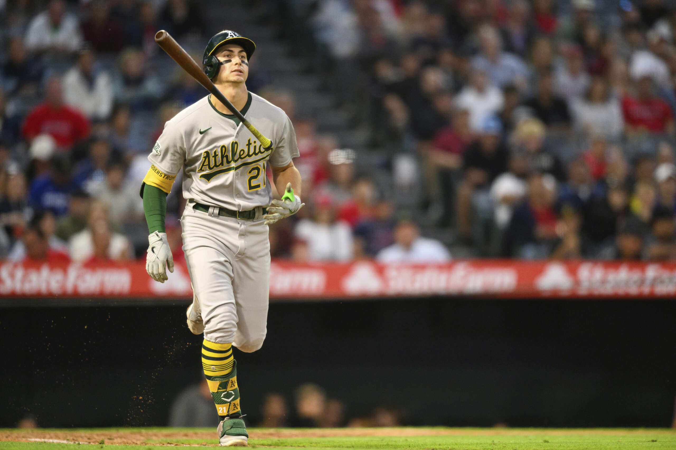 The Athletics’ Tyler Soderstrom reacts after hitting a ground ball...