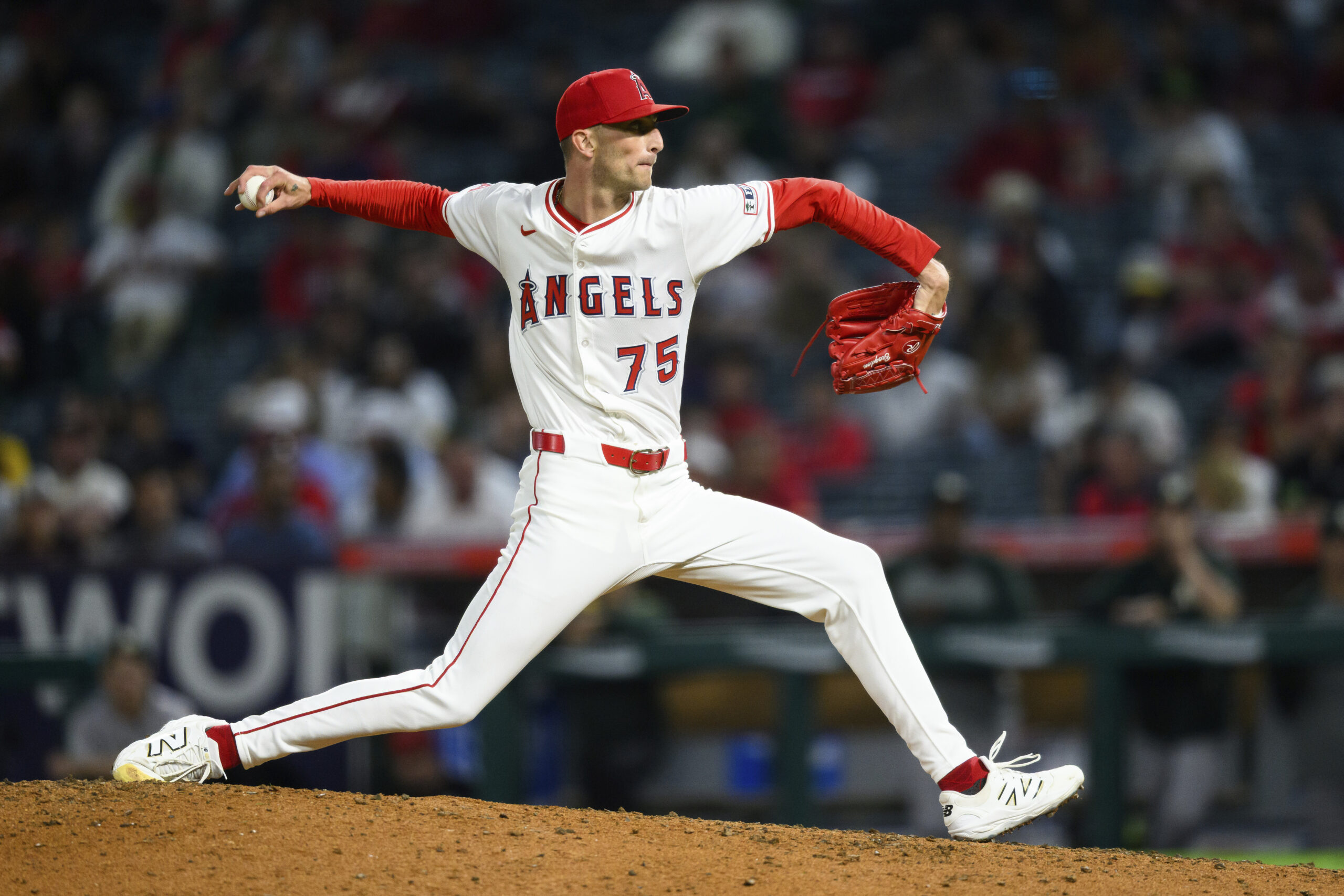 Angels relief pitcher Connor Brogdon throws a plate during the...