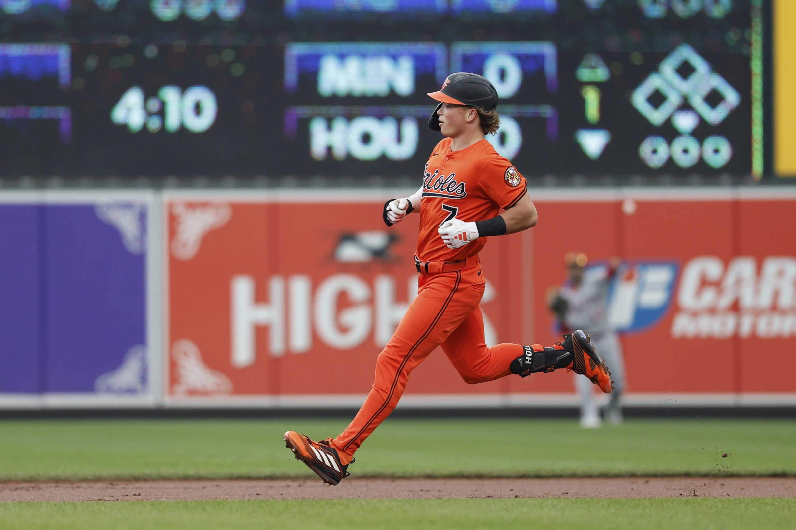 Baltimore Orioles’ Jackson Holliday (7) runs to second base after...