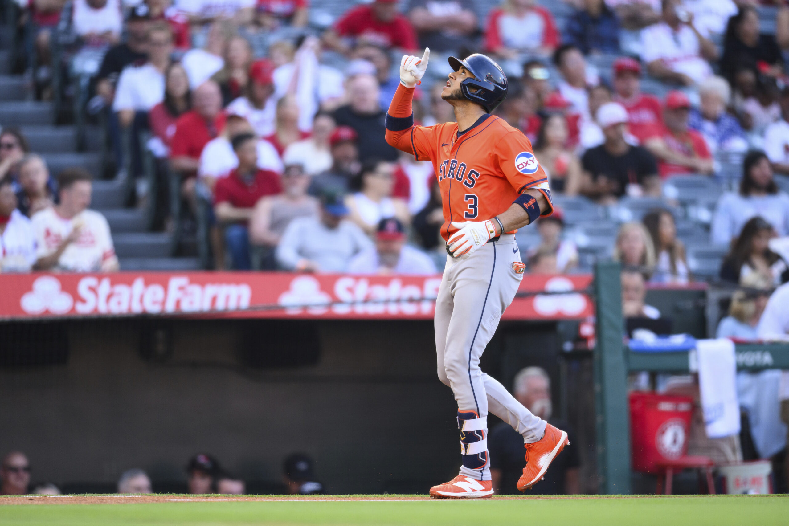 The Houston Astros’ Jeremy Peña gestures after hitting a home...