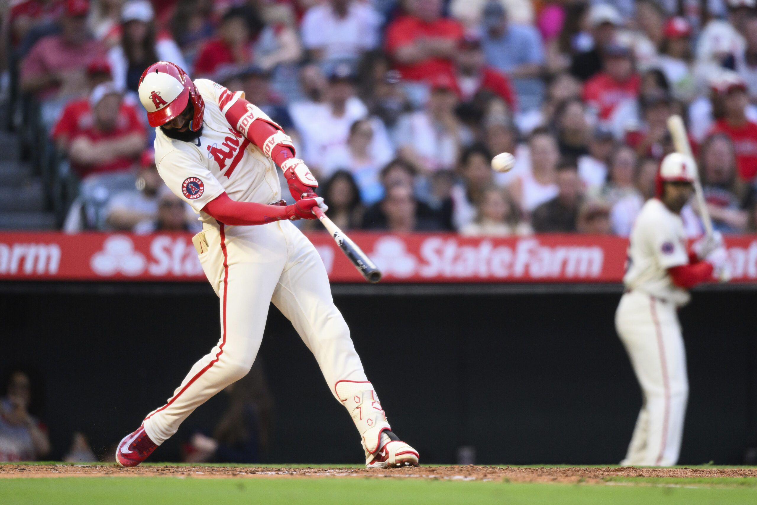 The Angels’ Jo Adell hits a home run during the...