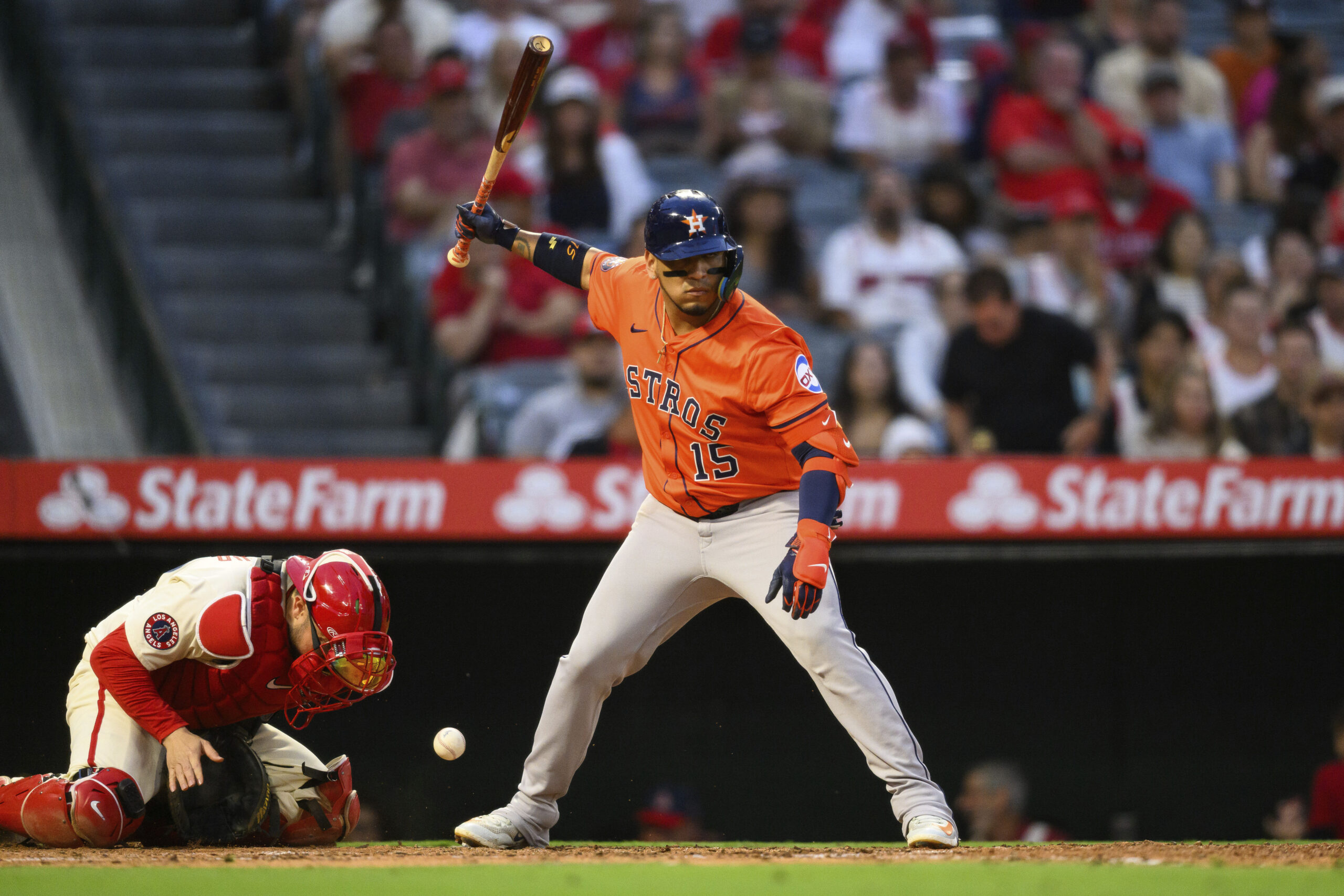 The Houston Astros’ Isaac Paredes takes a pitch during the...