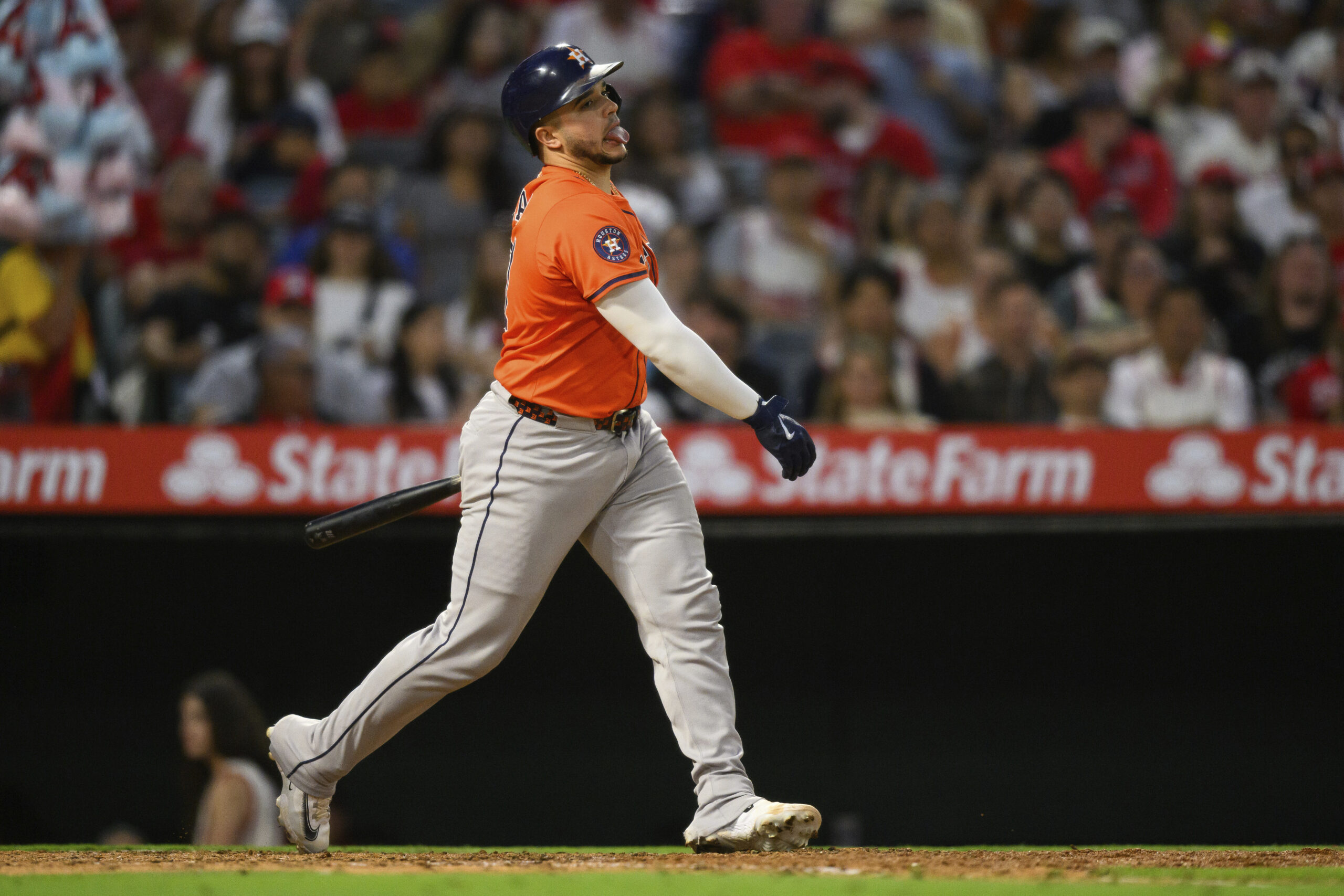 The Houston Astros’ Yainer Diaz reacts after striking out during...