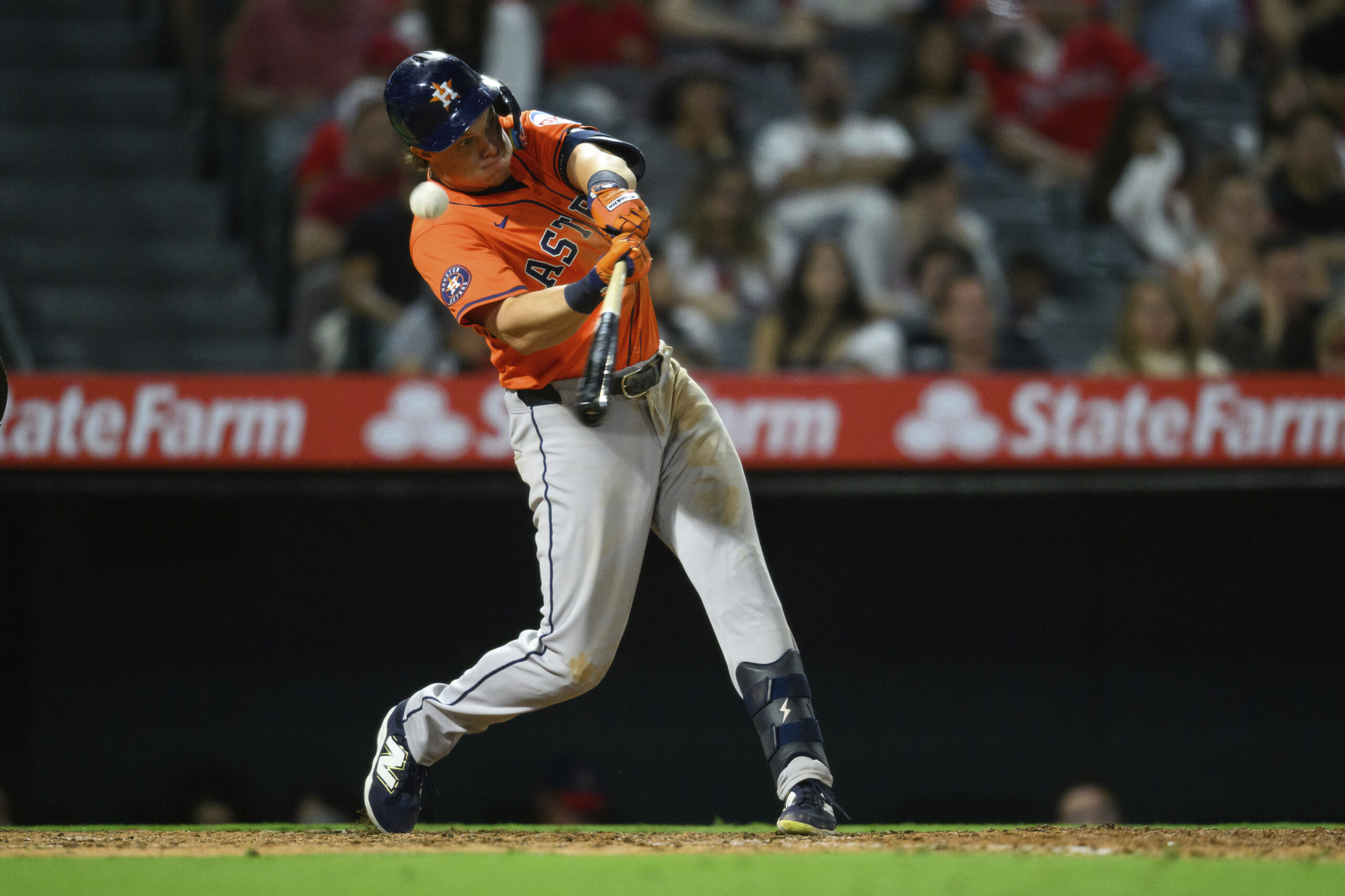The Houston Astros’ Jake Meyers swings for a foul ball...