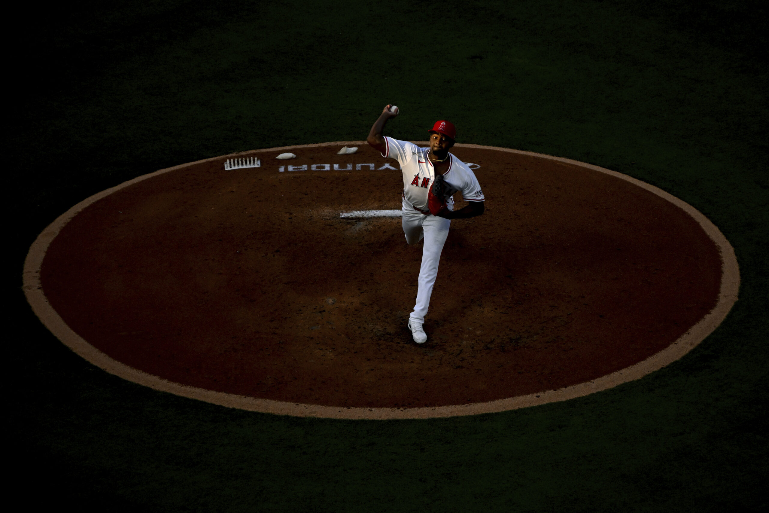 Angels pitcher José Soriano throws against the Houston Astros in...