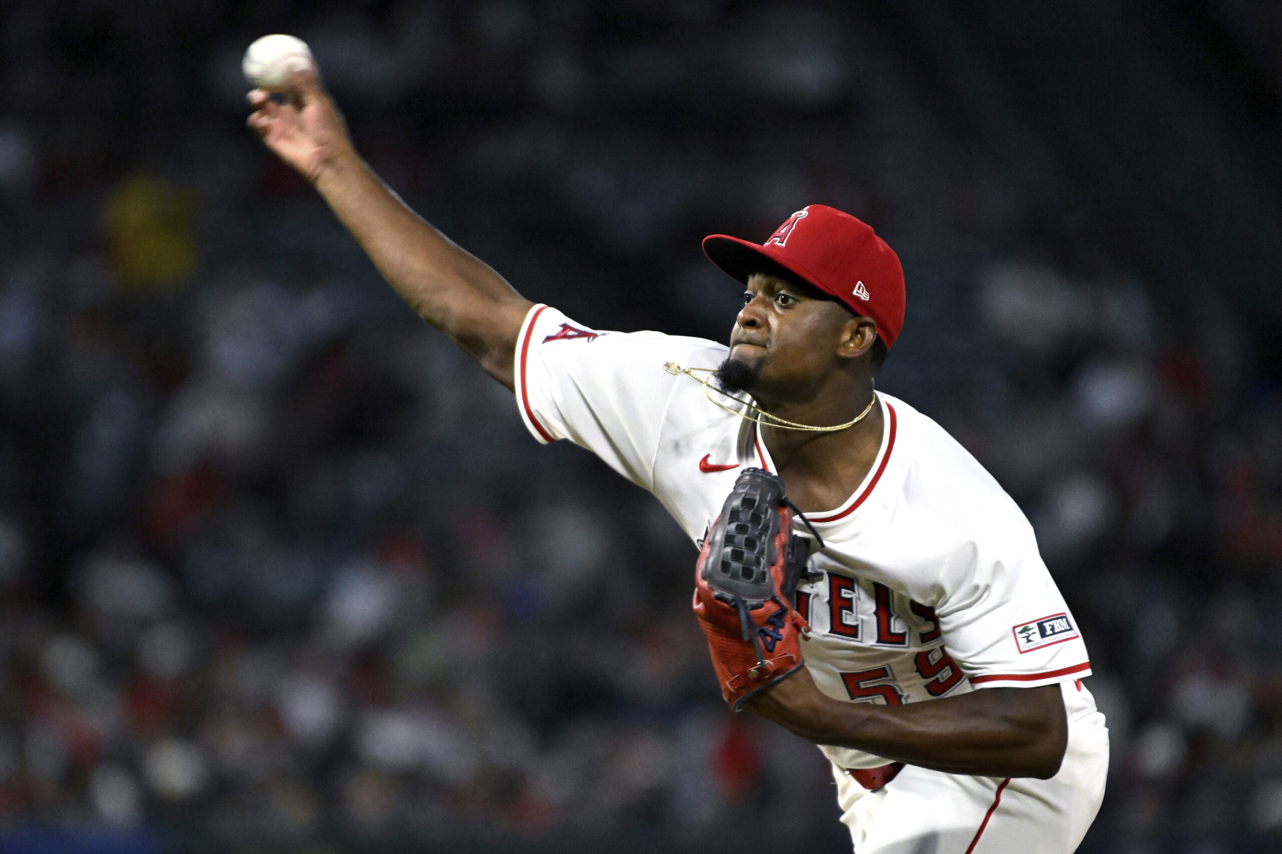 Angels pitcher José Soriano throws against the Houston Astros in...