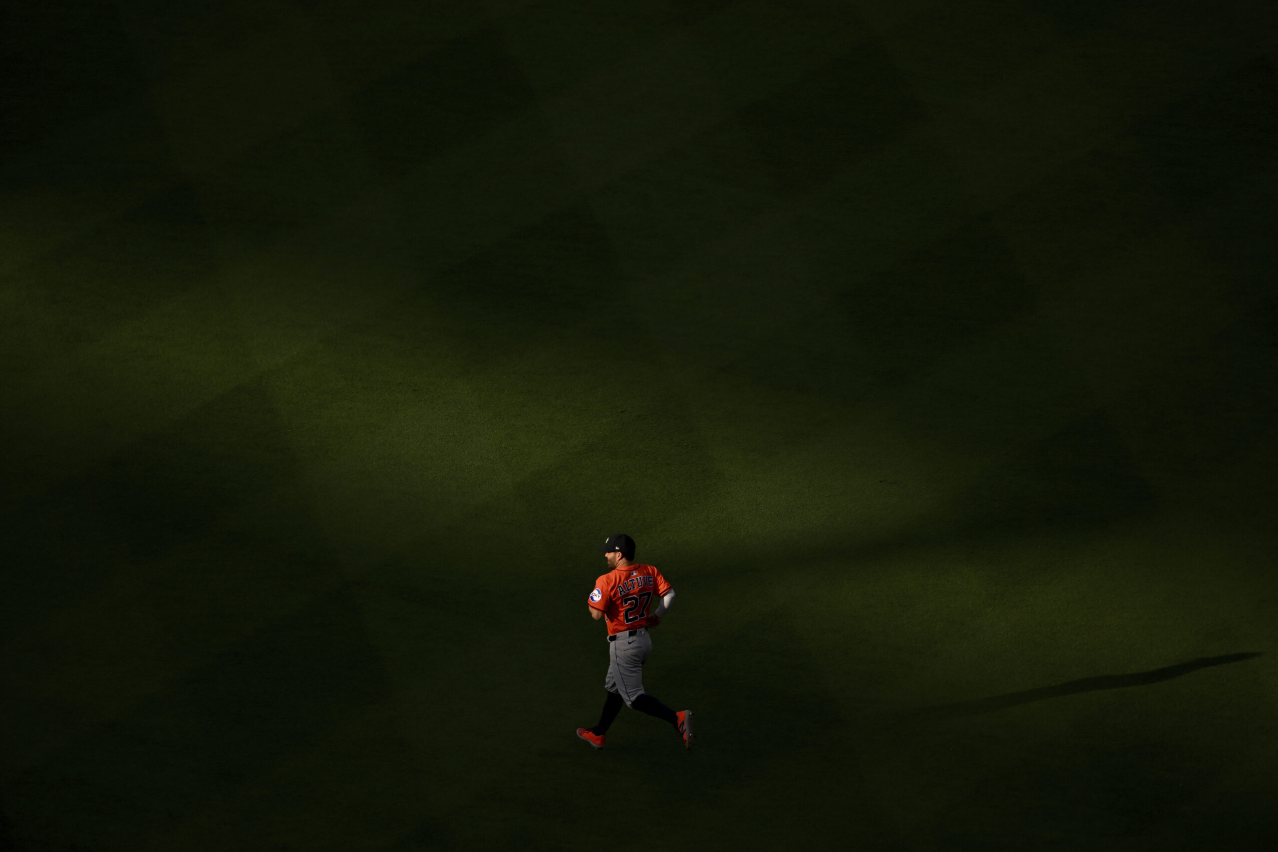 Houston Astros Jose Altuve warms up against the Angels before...