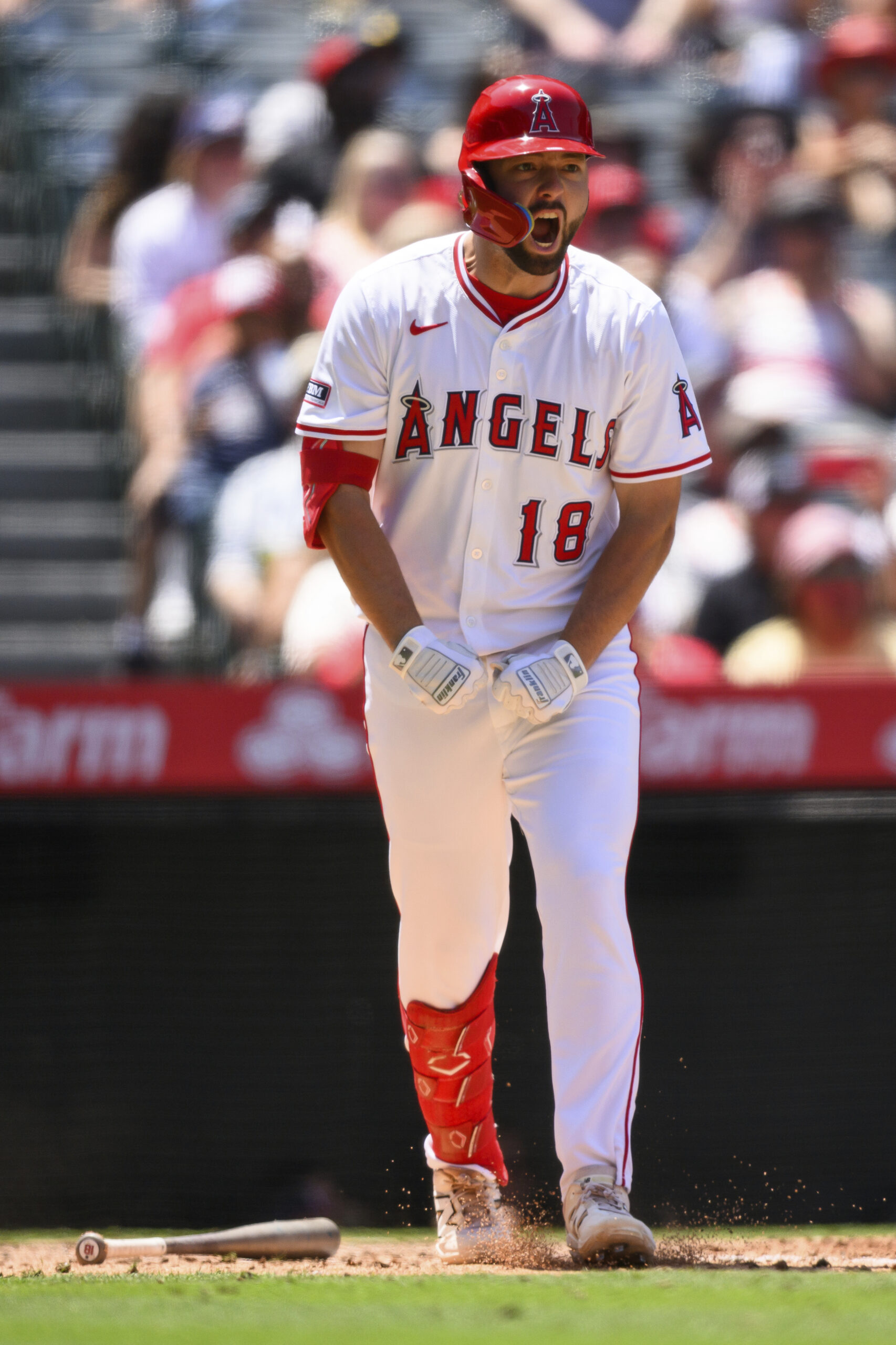 Angels’ Nolan Schanuel reacts after hitting a three-run home run...