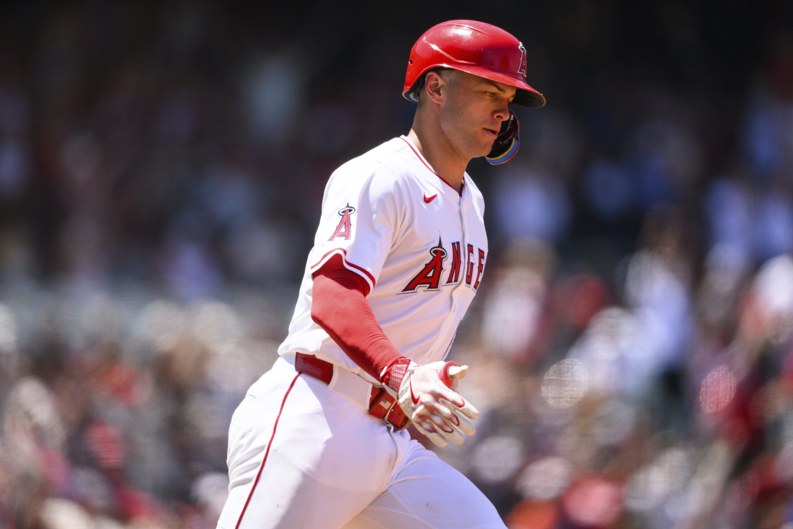 Angels’ Logan O’Hoppe runs the bases after hitting a two-run...