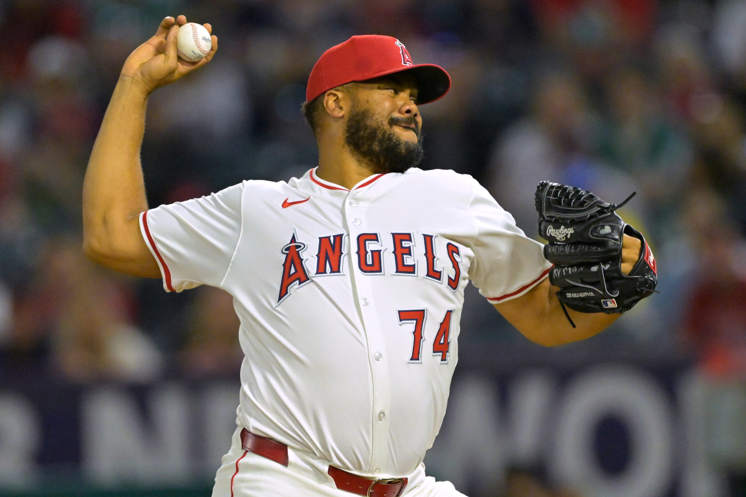 Angels relief pitcher Kenley Jansen throws to the plate during...