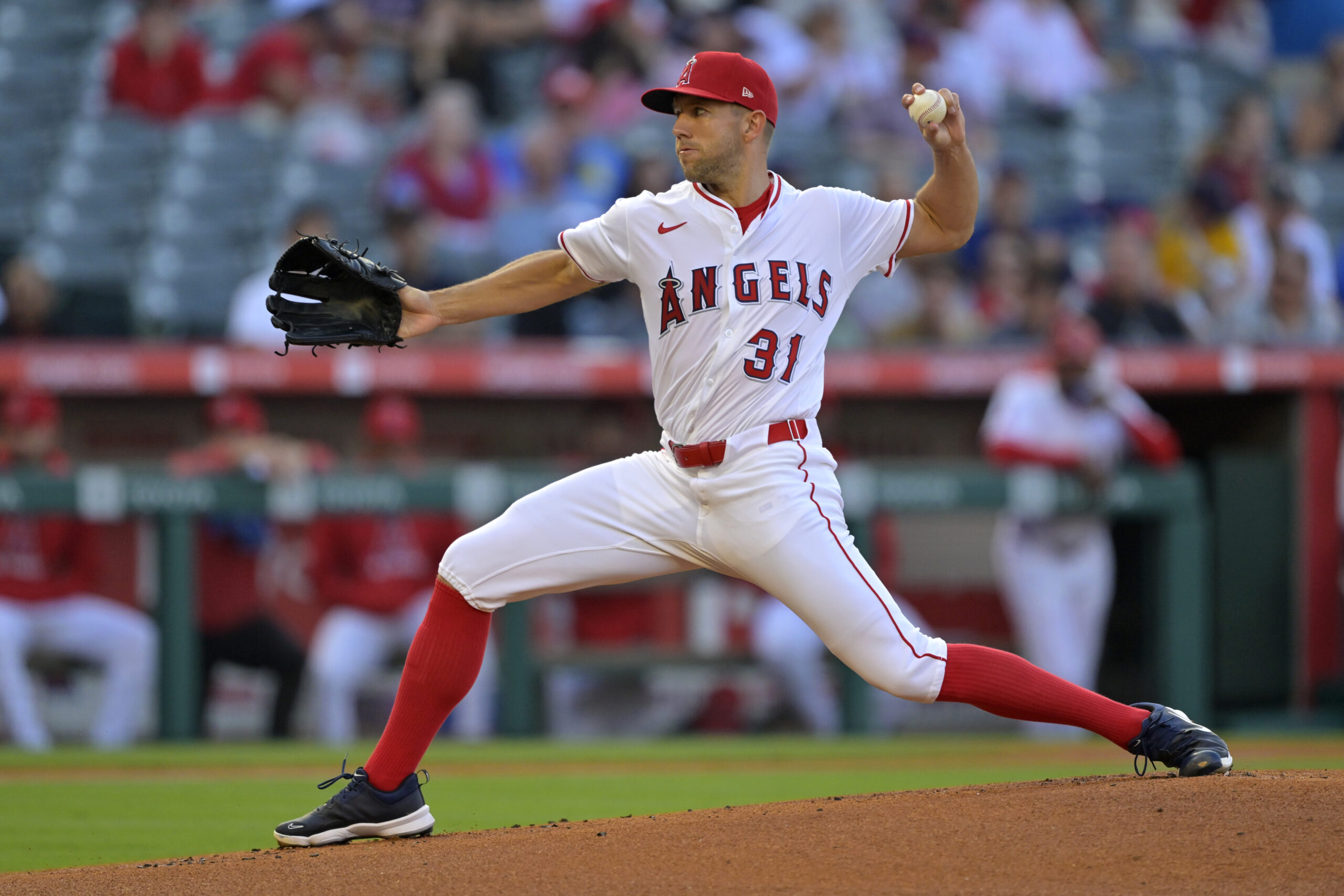 Angels starting pitcher Tyler Anderson throws to the plate during...