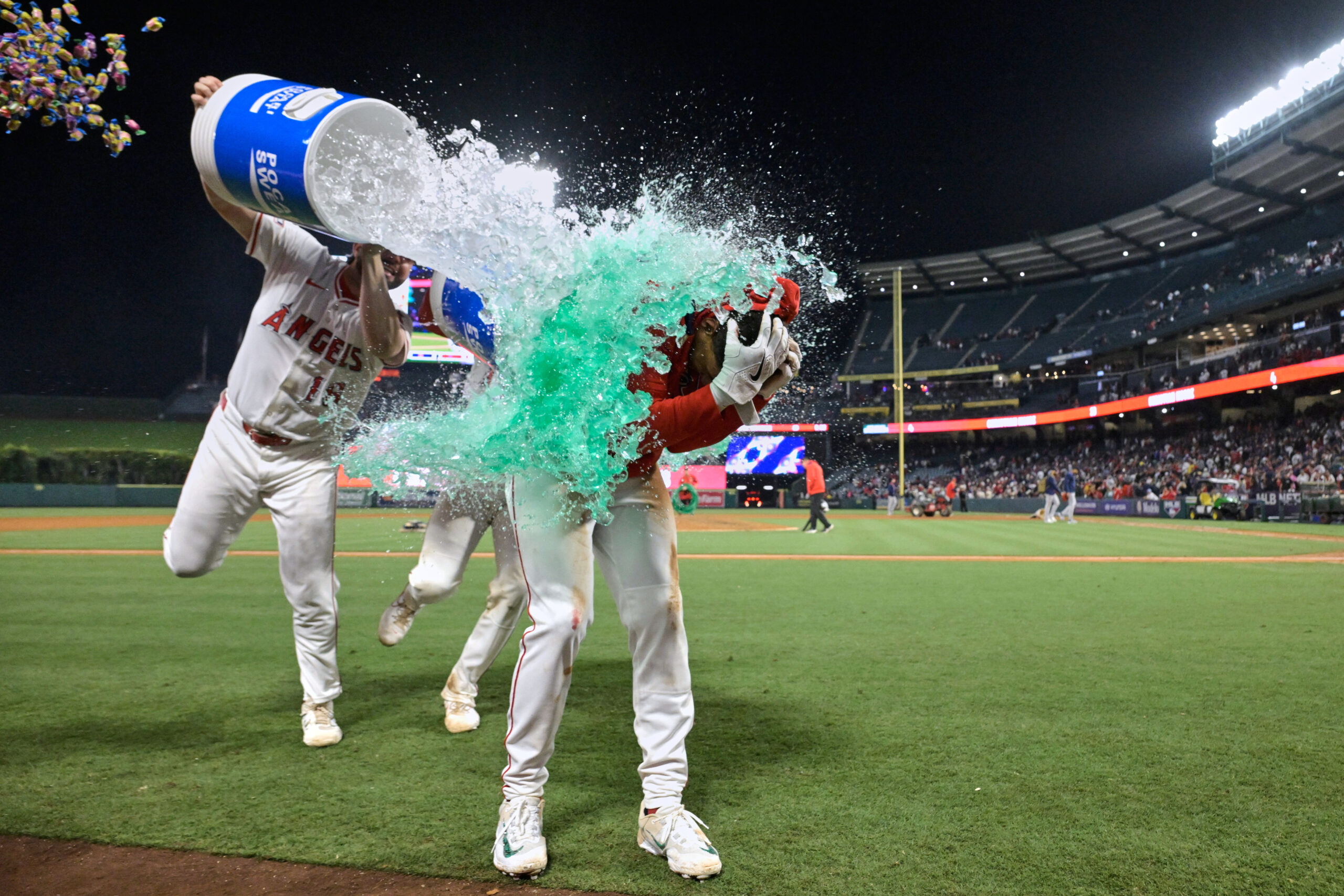 Angels first baseman Nolan Schanuel (18) and catcher Logan O’Hoppe...