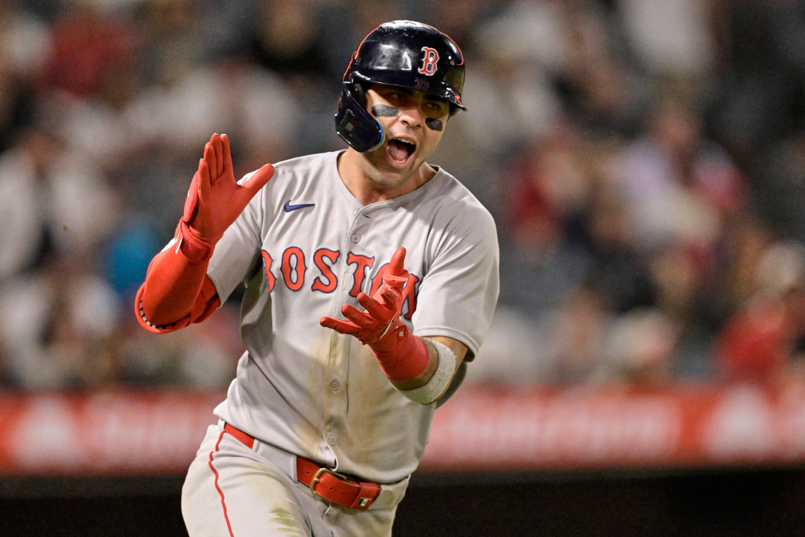 The Boston Red Sox’s Marcelo Mayer celebrates after hitting an...