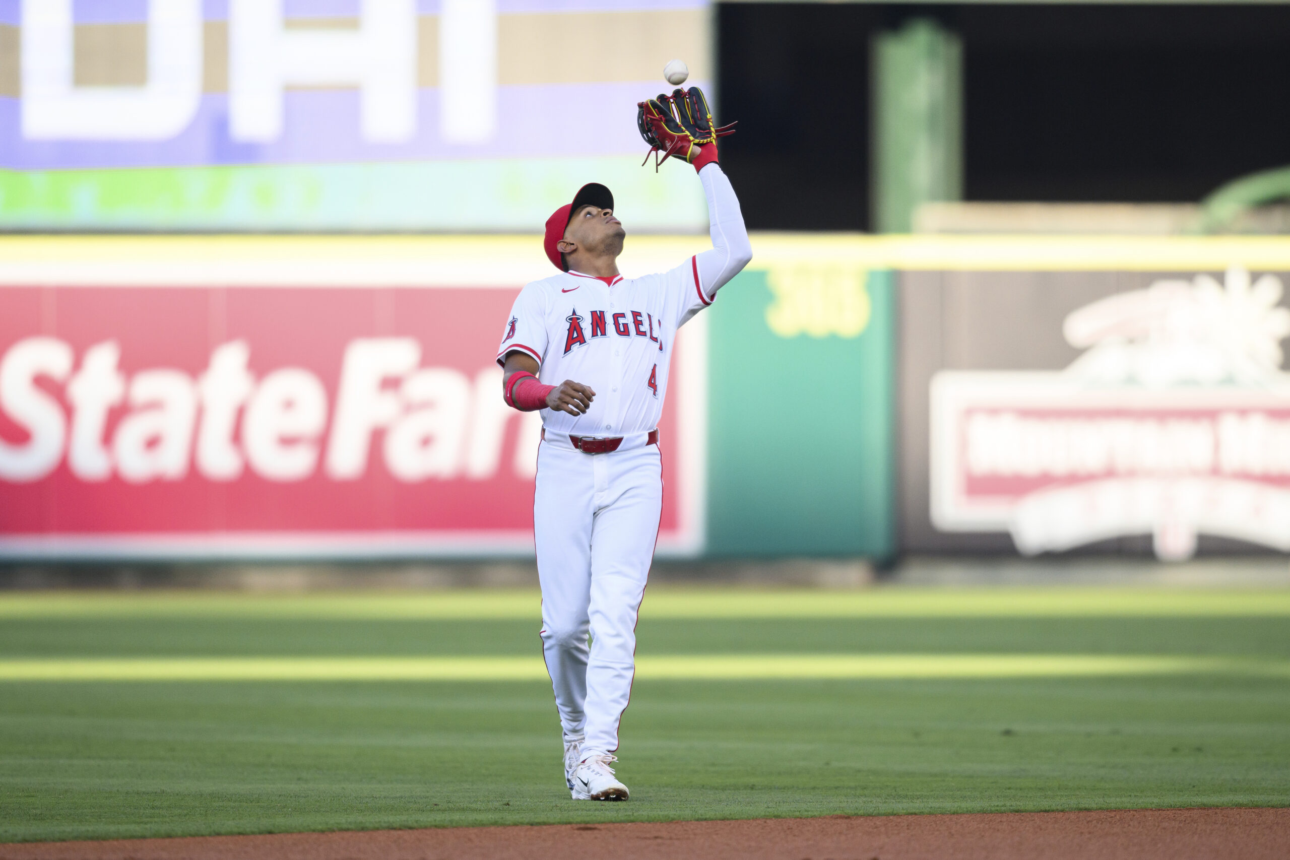 Angels second baseman Christian Moore makes a catch during the...