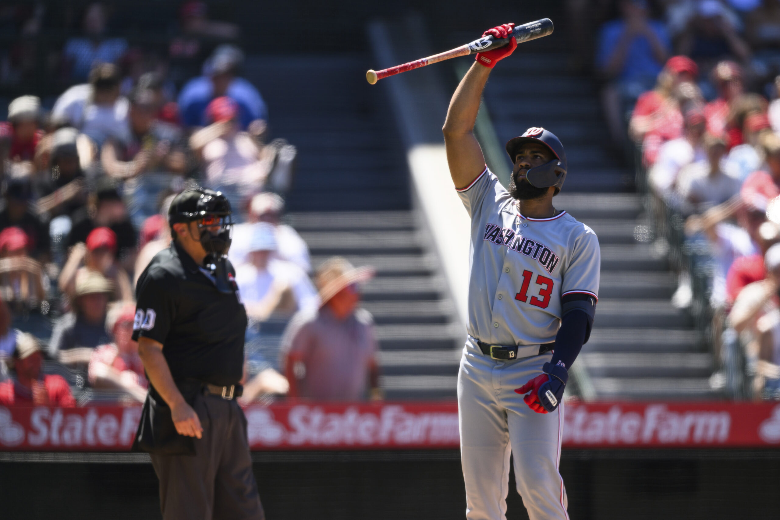 Washington Nationals’ Amed Rosario (13) reacts after striking out during...