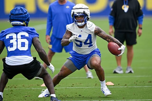 Woodland Hills, CA - May 28:Rams Chris Paul, Jr., #54, at OTAs at the practice facility in Woodland Hills on Wednesday, May 28, 2025. (Photo by David Crane/MediaNews Group/Los Angeles Daily News via Getty Images) Rams, Chris Paul Jr.